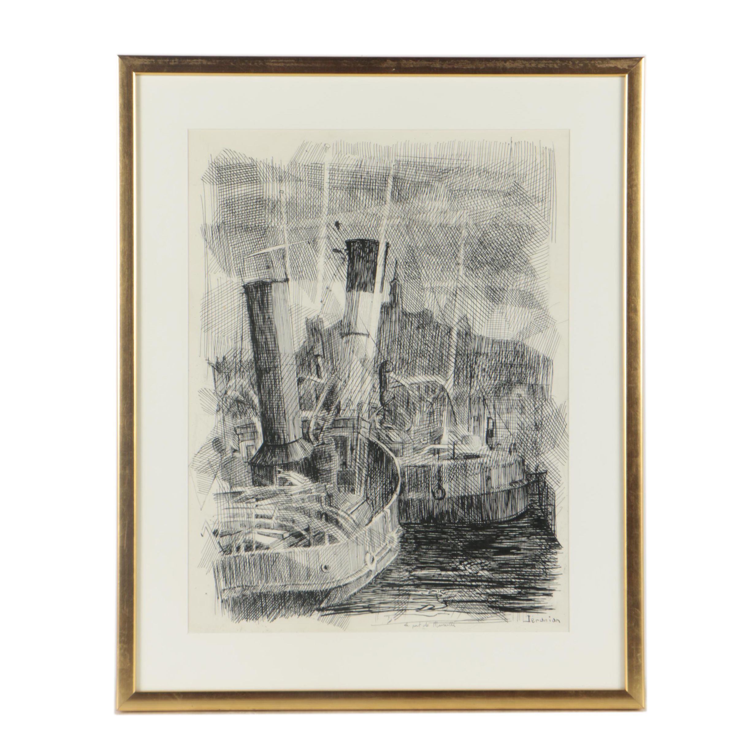Richard Jeranian Pen and Ink Drawing "Le Port de Marseille"