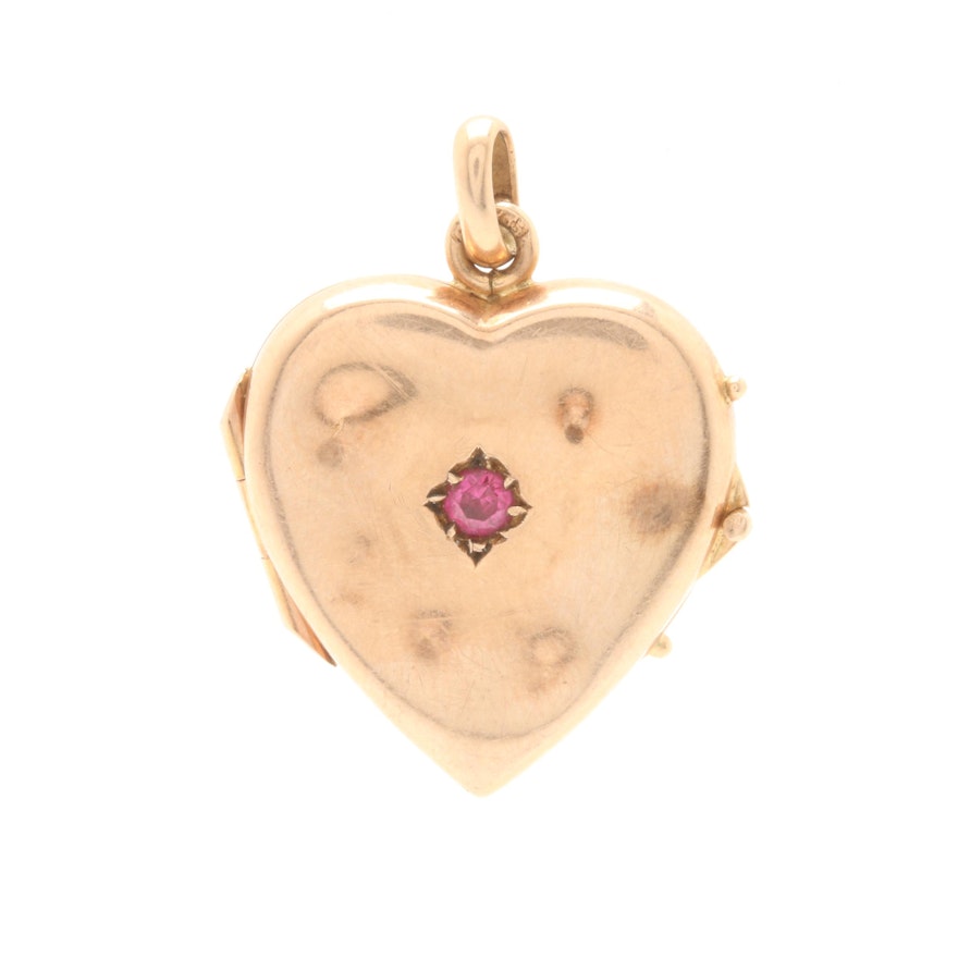 14K Yellow Gold Synthetic Ruby Heart Locket