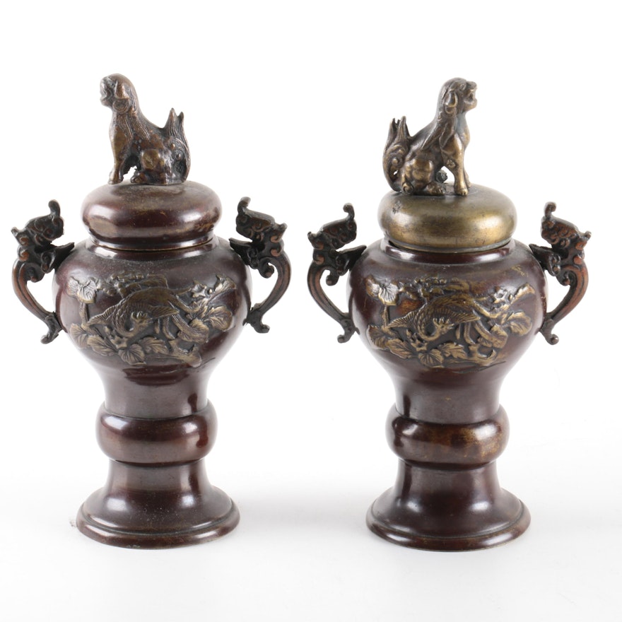 Pair of Chinese Brass Lidded Urns