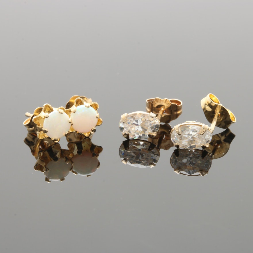 14K Yellow Gold Opal and Cubic Zirconia Stud Earrings
