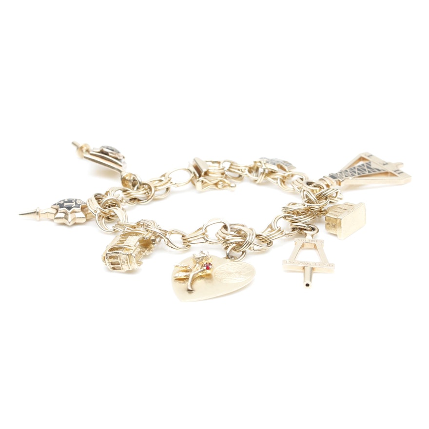 14K Yellow Gold Black Enamel Charm Bracelet with Greek Sorority Themed Charms