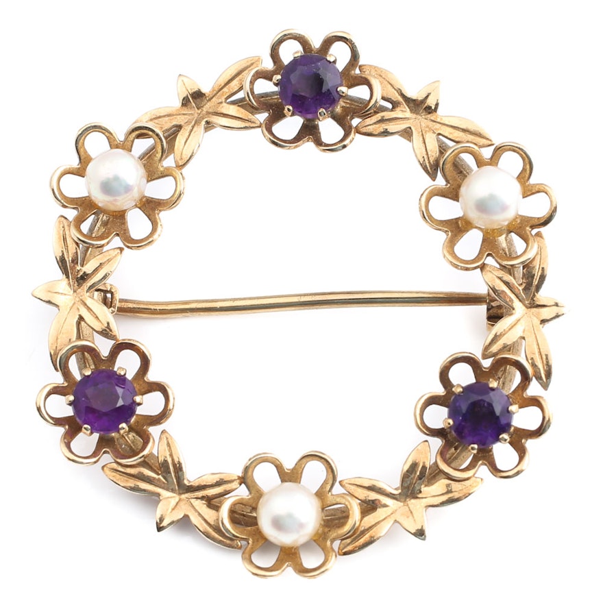 Vintage 9K Yellow Gold Amethyst and Pearl Wreath Brooch