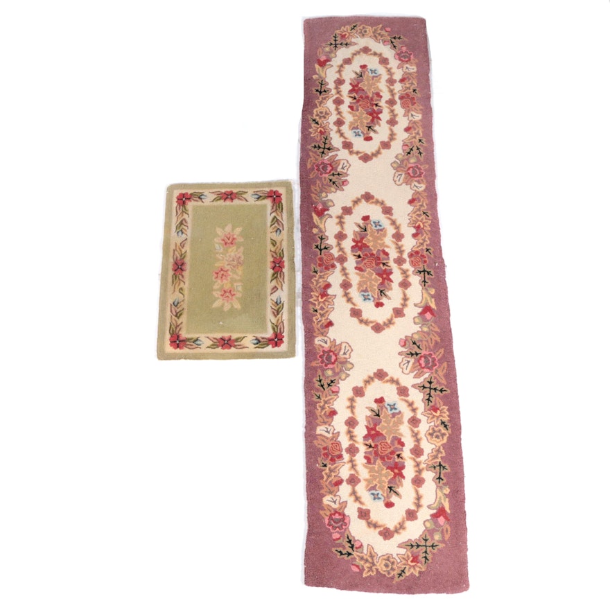 Hooked Floral Wool Carpet Runner and Accent Rug