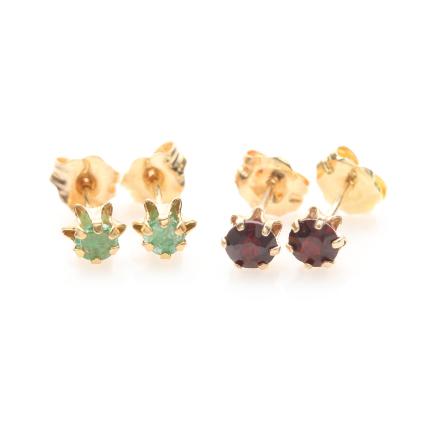 14K Yellow Gold Garnet and Emerald Earrings