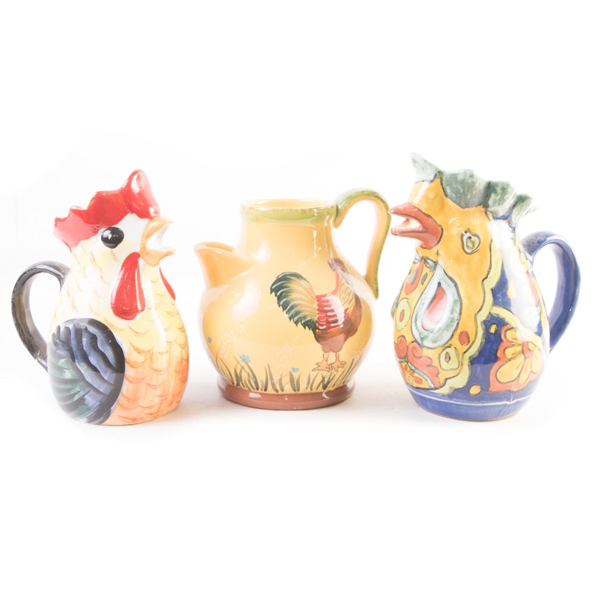 Ceramic Figural and Rooster Themed Pitchers