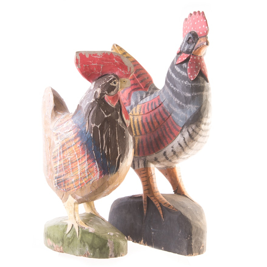 Rustic Carved Wood Rooster Figurines