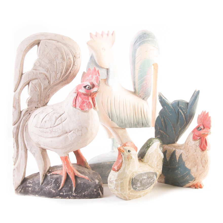 Rustic Carved Wood Rooster Figurines