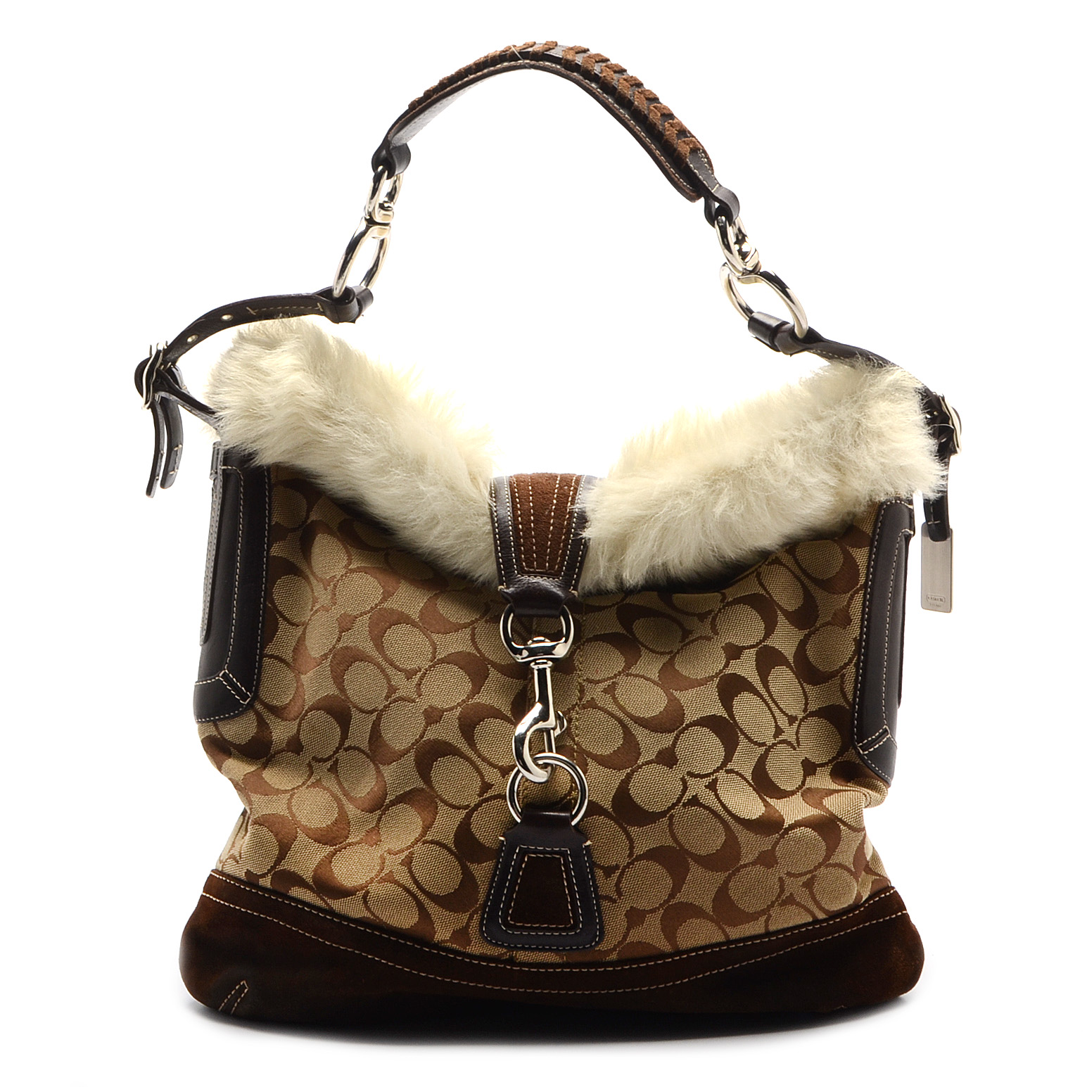 Coach Signature C Canvas, Suede and Faux Fur Handbag