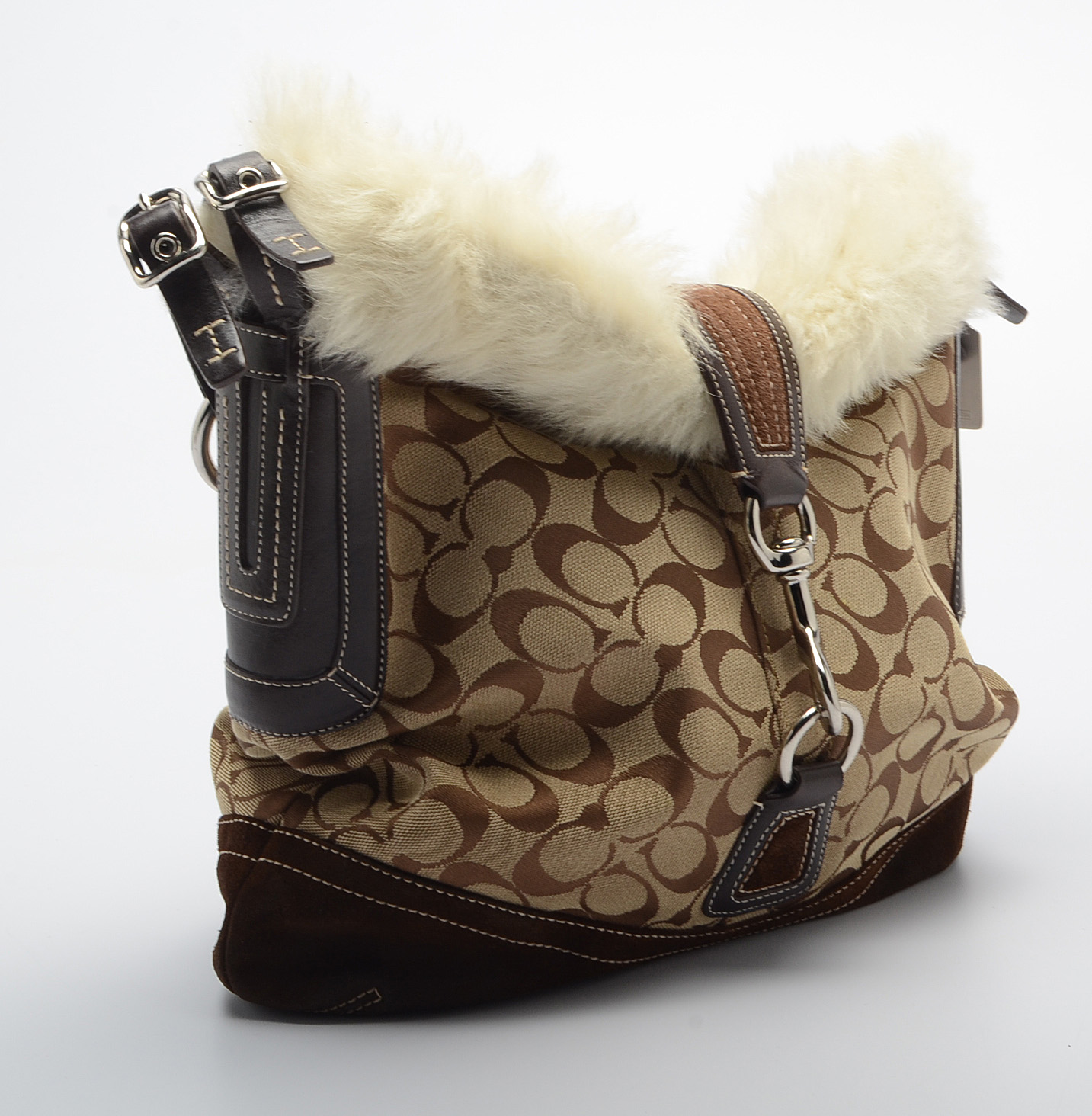 Coach Signature C Canvas, Suede and Faux Fur Handbag