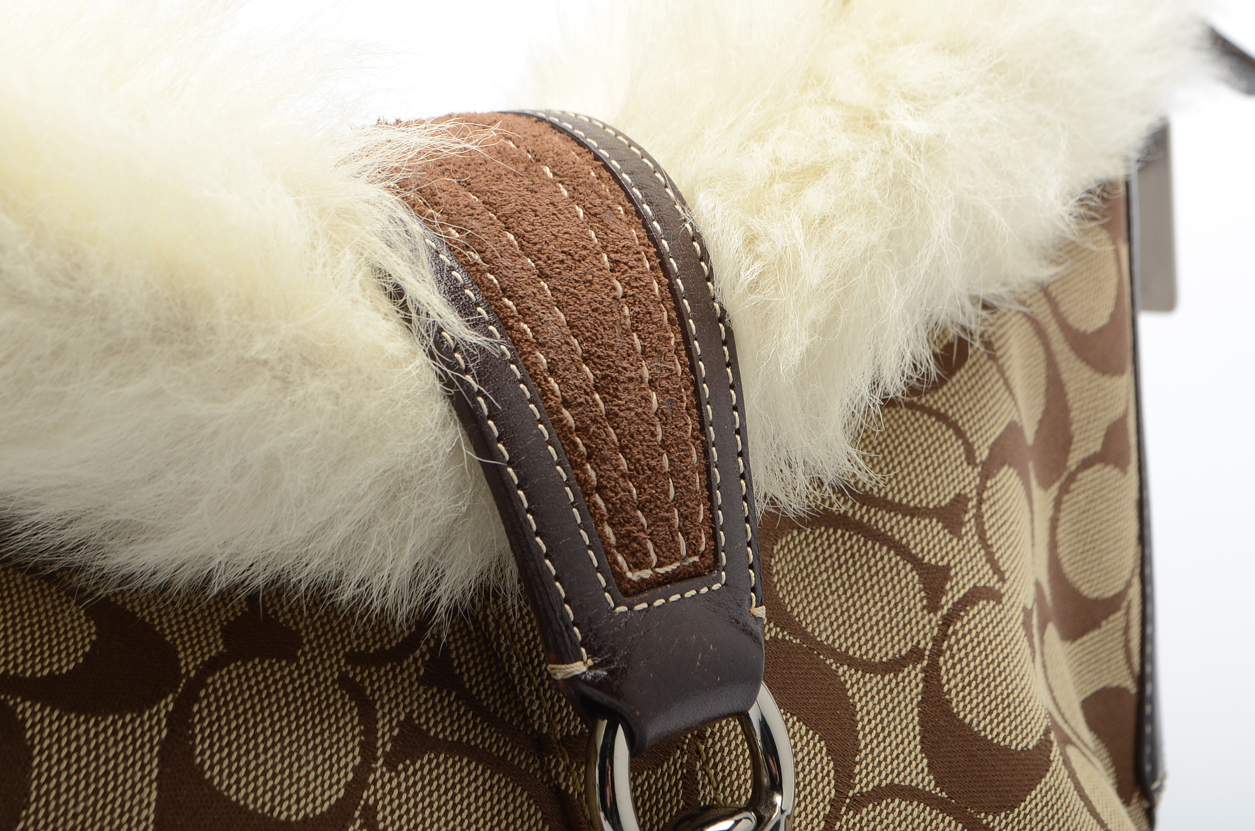 Coach Signature C Canvas, Suede and Faux Fur Handbag