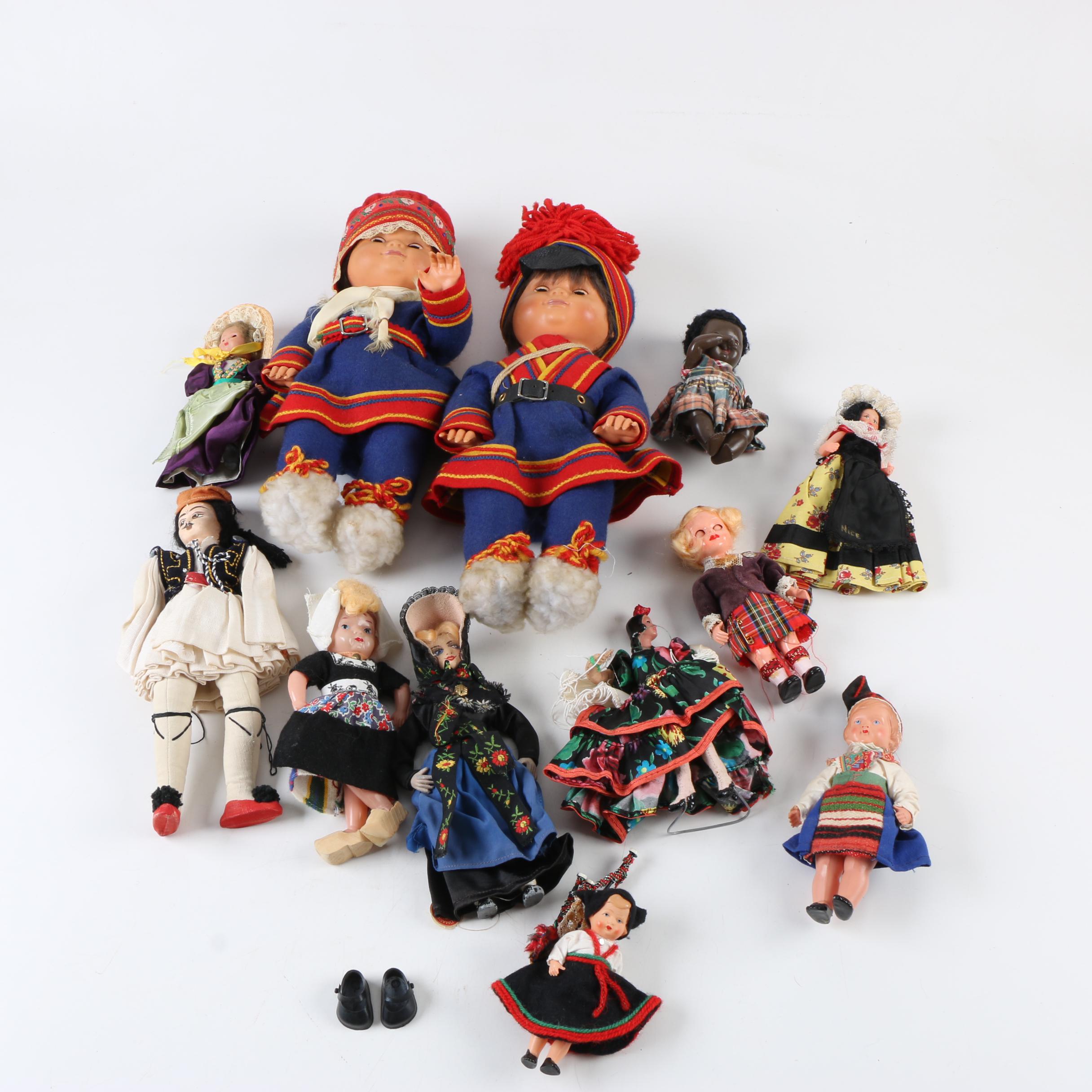 Vintage Miniature Celluloid and Cloth Souvenir Dolls