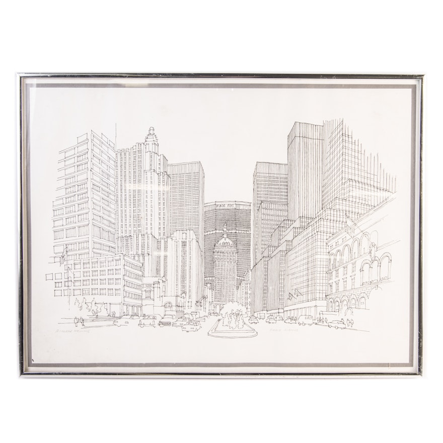 Richard Welling Ink on Paper Drawing "Park Avenue"