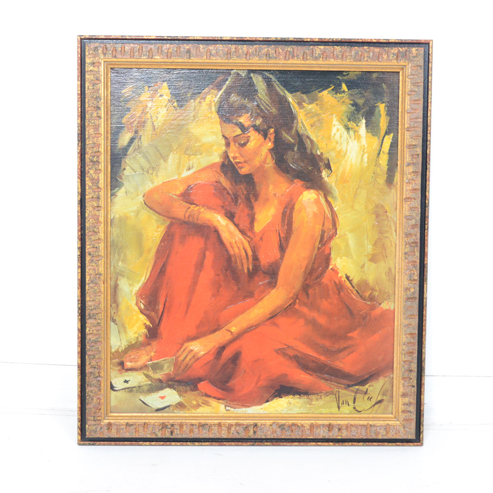 Vintage Robert Van Cleef Oil Portrait Painting on Canvas "The Card Player"