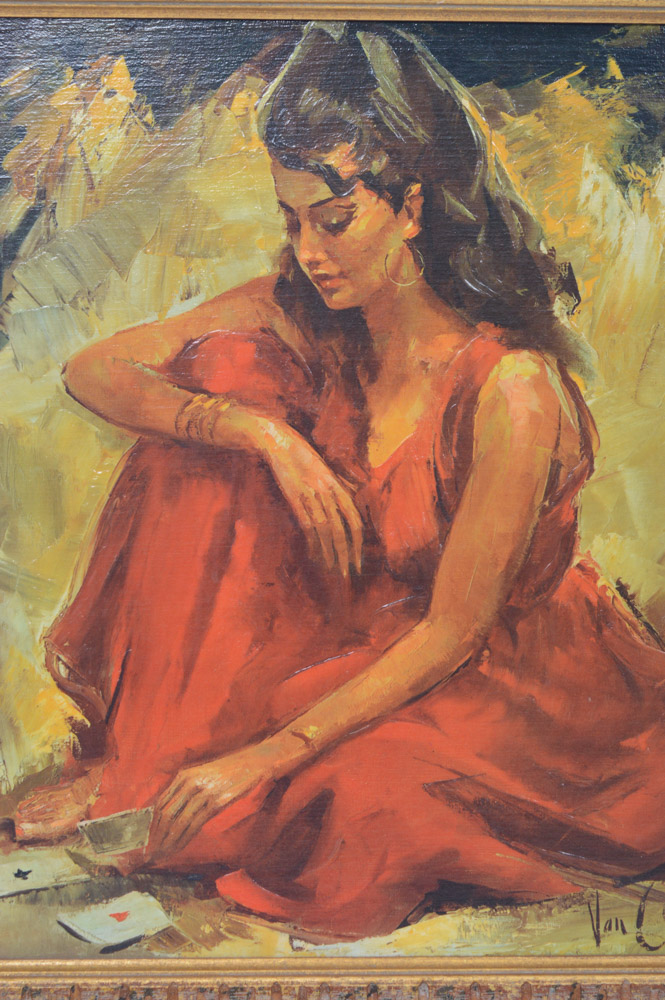 Vintage Robert Van Cleef Oil Portrait Painting on Canvas "The Card Player"