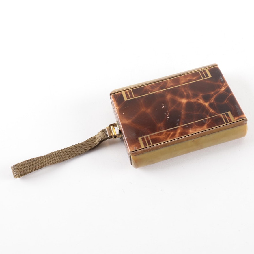 Brass Makeup Compact With Two-Tone Brown Web Pattern Cover and Mesh Chain