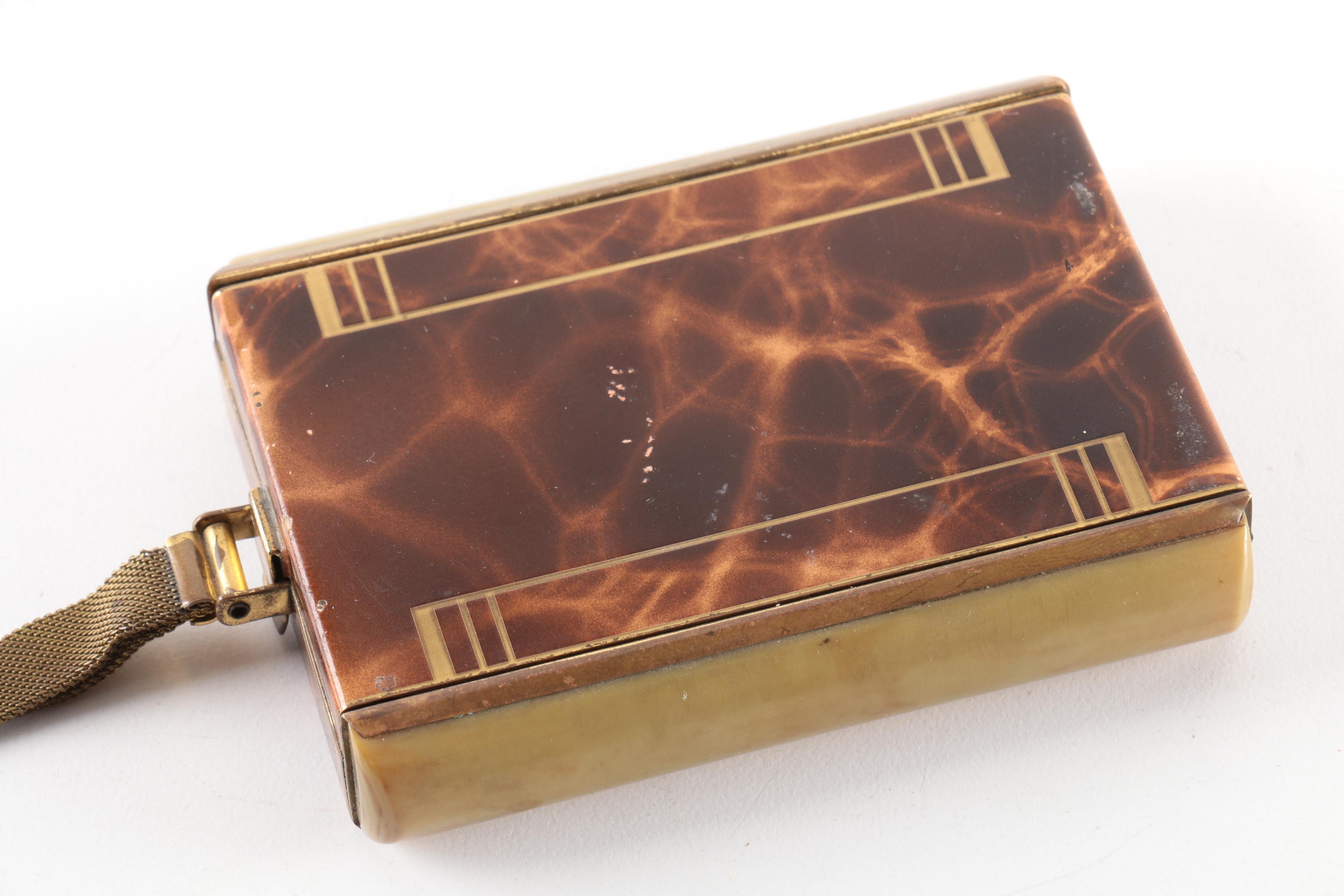 Brass Makeup Compact With Two-Tone Brown Web Pattern Cover and Mesh Chain