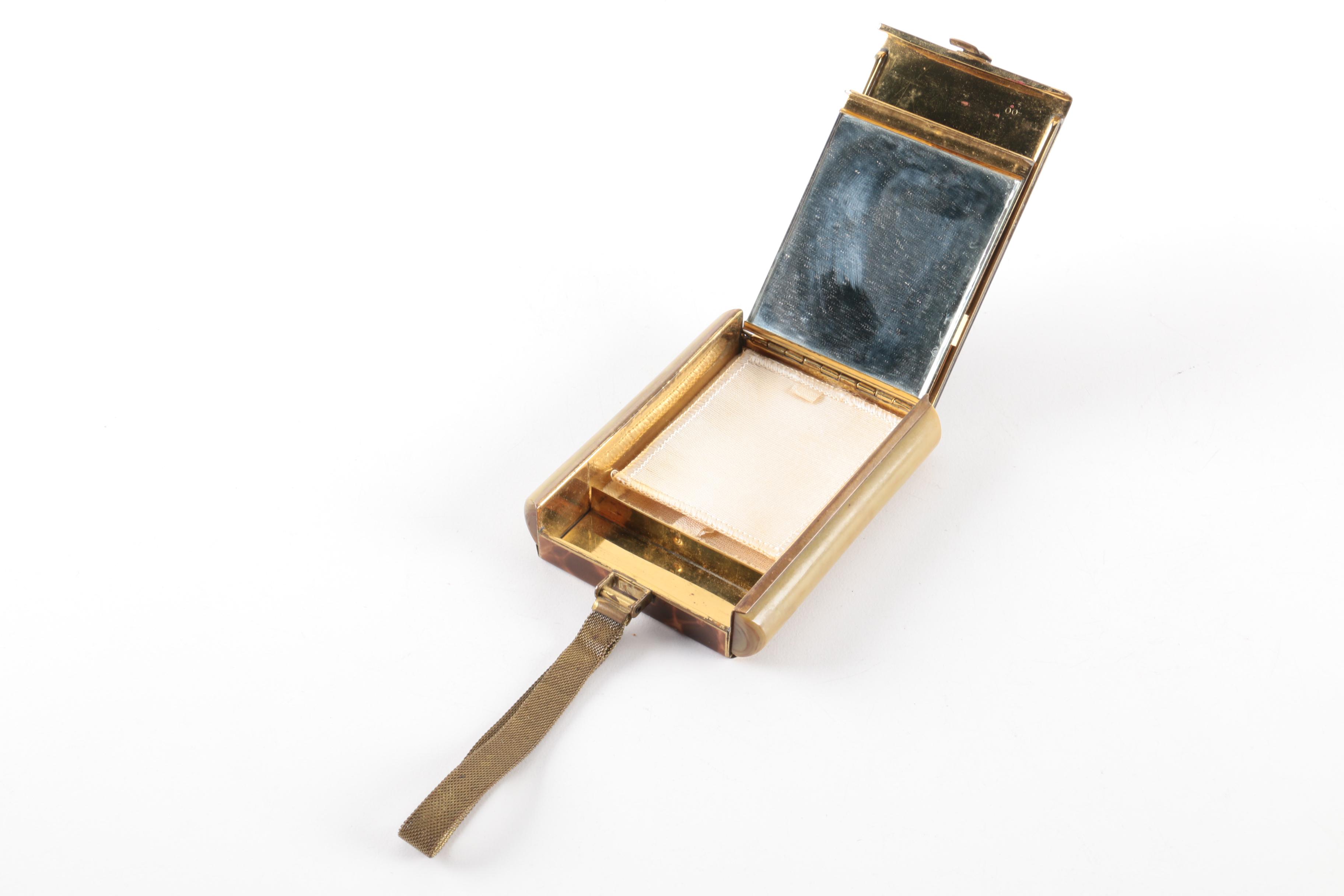 Brass Makeup Compact With Two-Tone Brown Web Pattern Cover and Mesh Chain