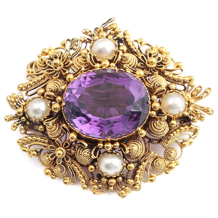 18K Yellow Gold 5.87 Carat Amethyst and Pearl Pendant