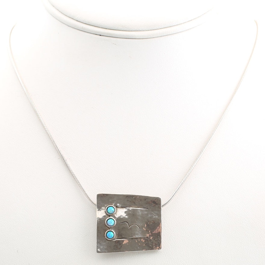 Vintage Didae Modernist Sterling Silver and Synthetic Opal Pendant Necklace