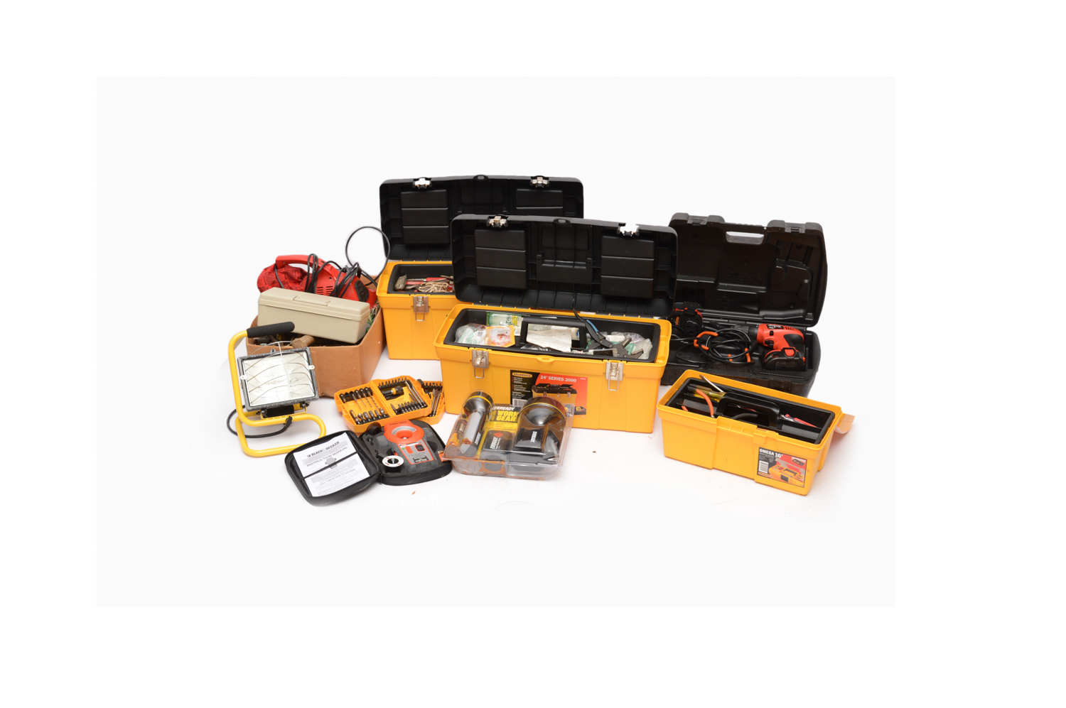 Laser Level, Label Maker, Dirt Devil, Work Light and Tools and Tool Boxes