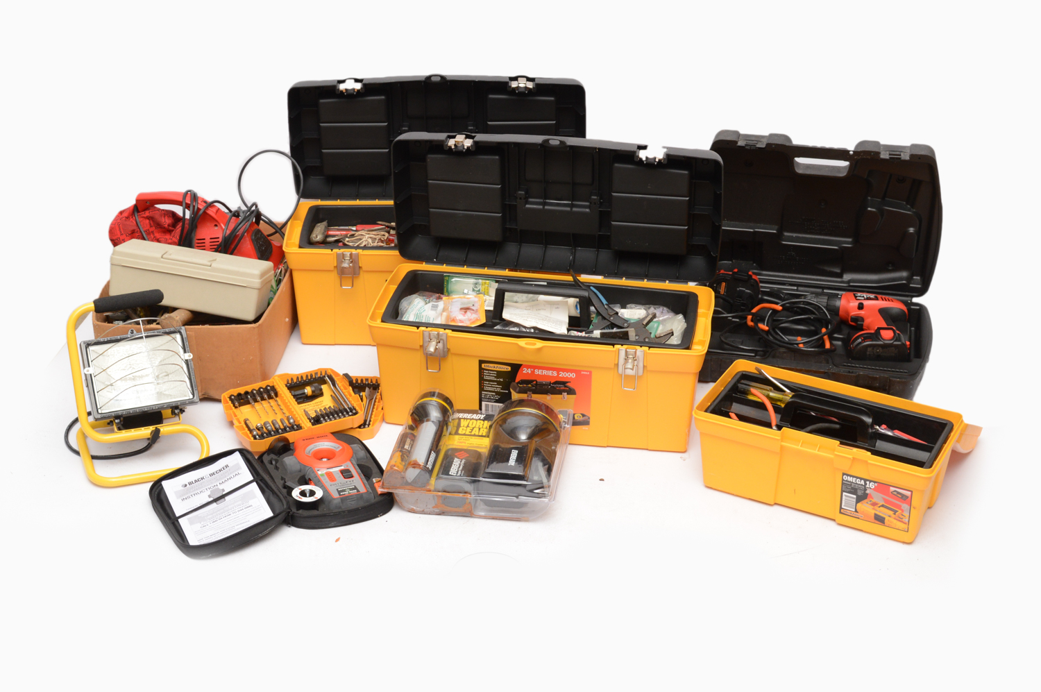 Laser Level, Label Maker, Dirt Devil, Work Light and Tools and Tool Boxes