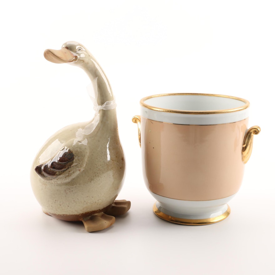 Andrea by Sadek Porcelain Cache Pot with Goose Figurine