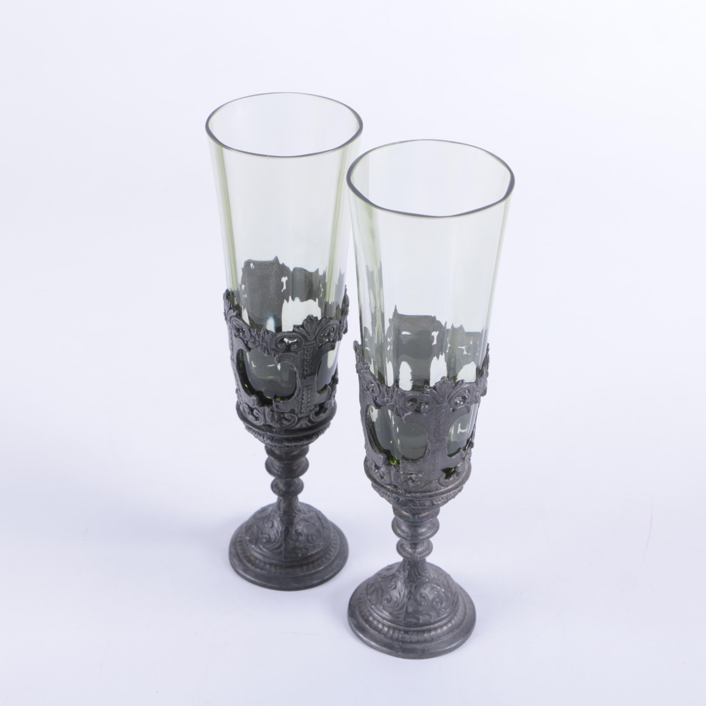 Pair of Glass and Silver Tone Metal Champagne flutes