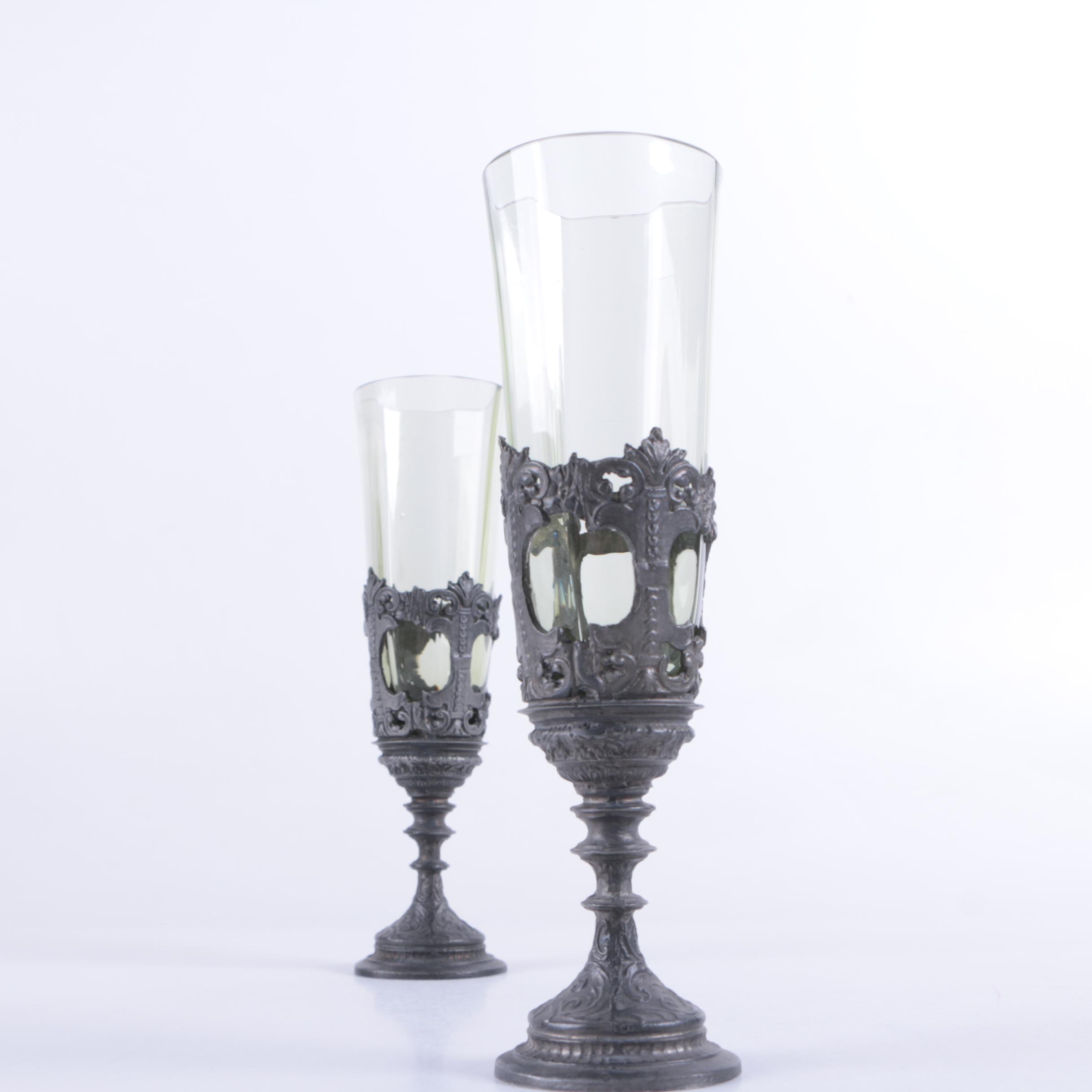 Pair of Glass and Silver Tone Metal Champagne flutes
