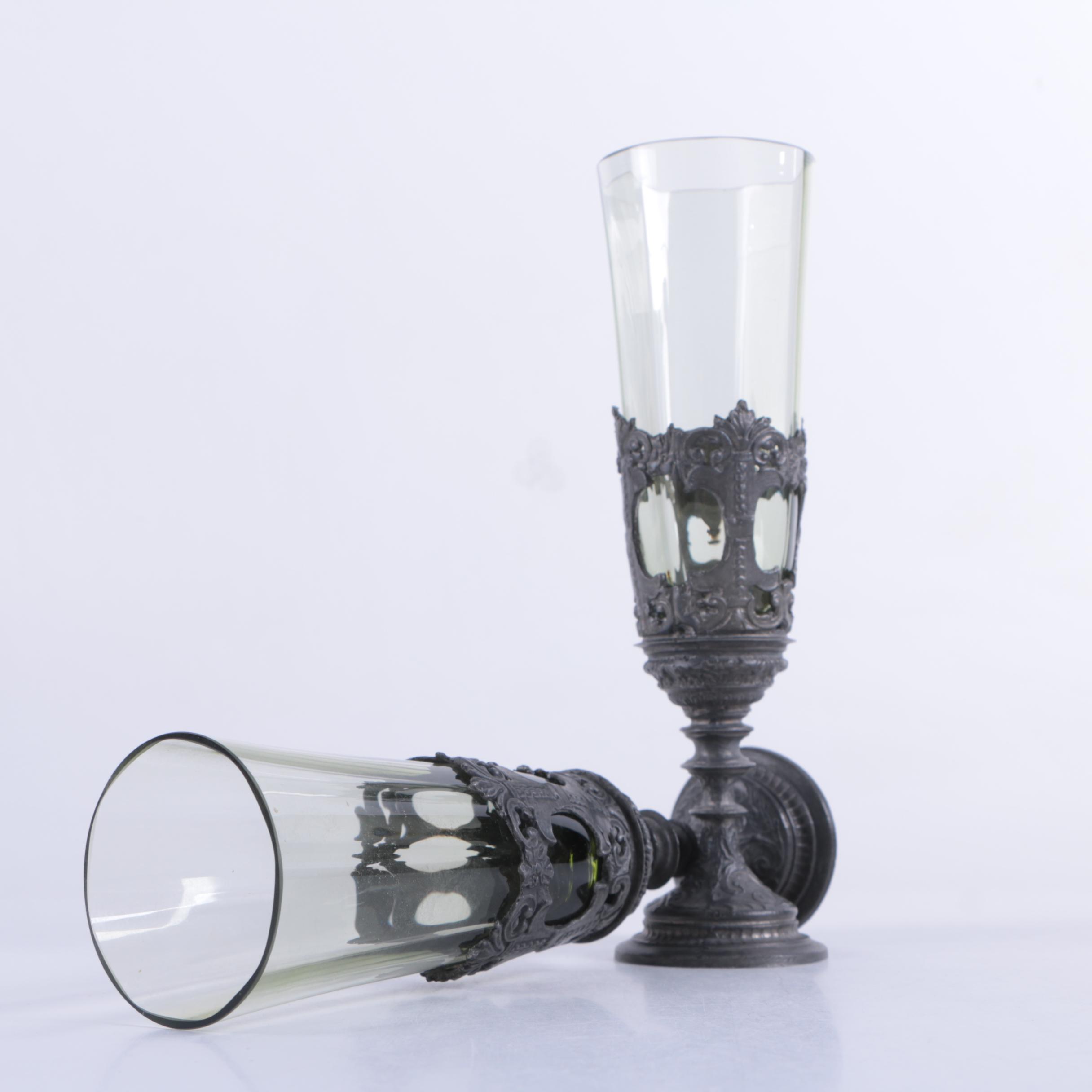 Pair of Glass and Silver Tone Metal Champagne flutes
