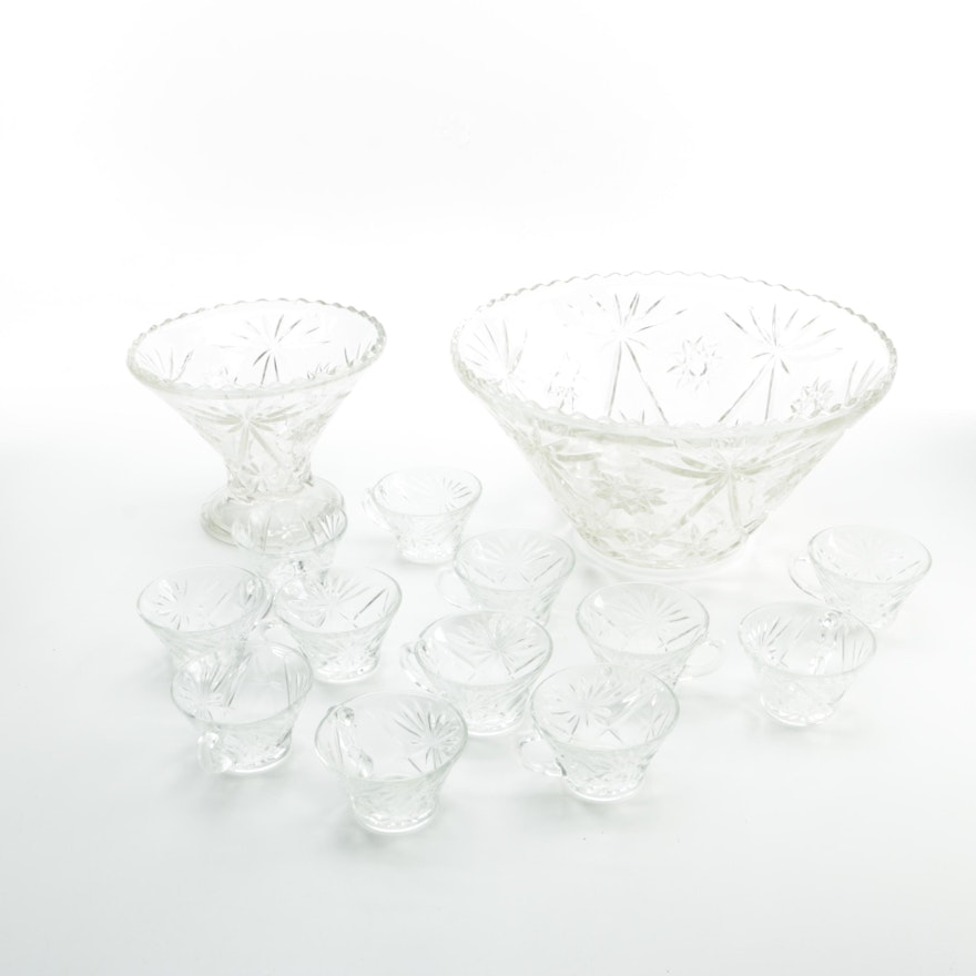 Cut Glass Punch Bowl with Stand and Cups