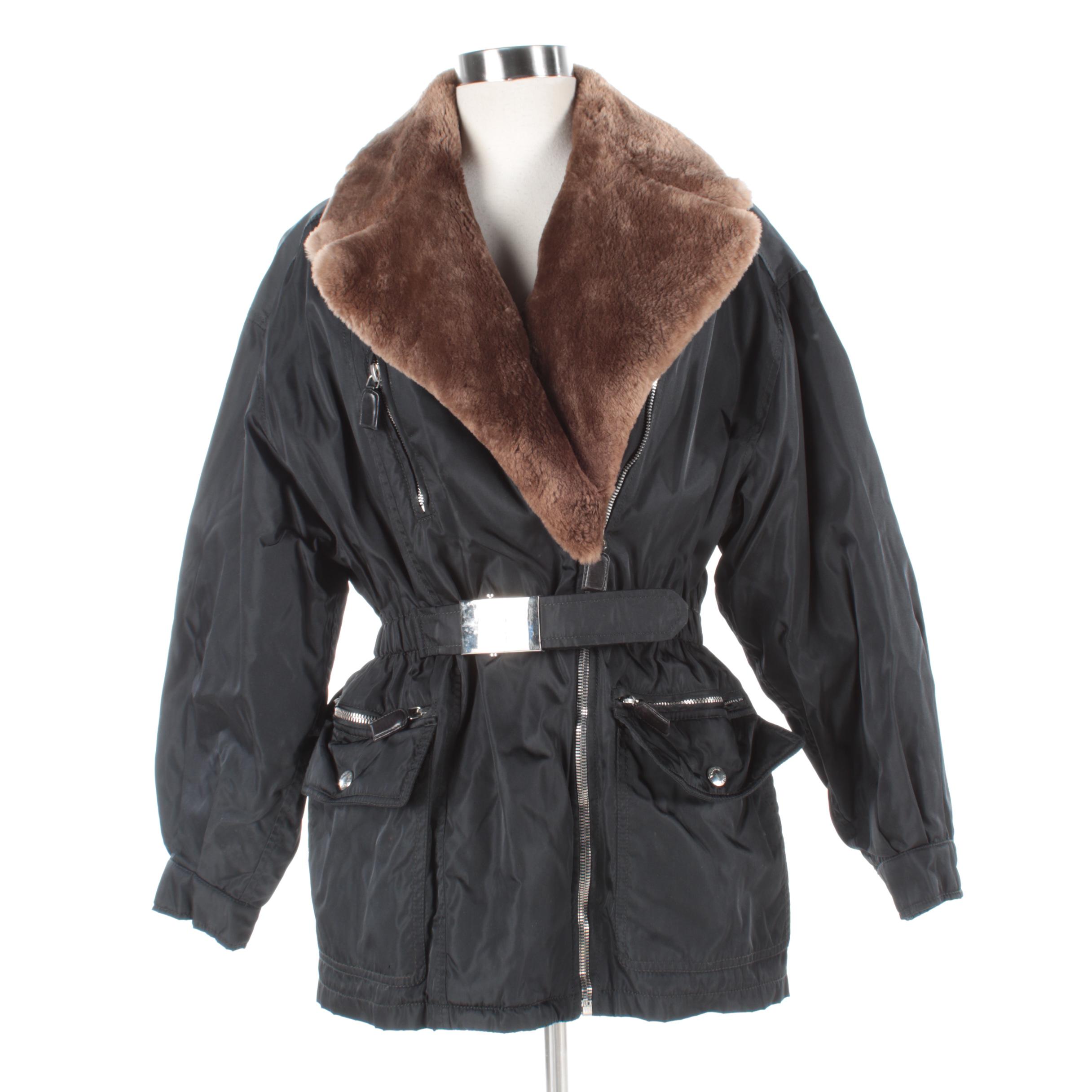 Women's Prada Milano Black Nylon Coat with Sheared Beaver Fur Collar