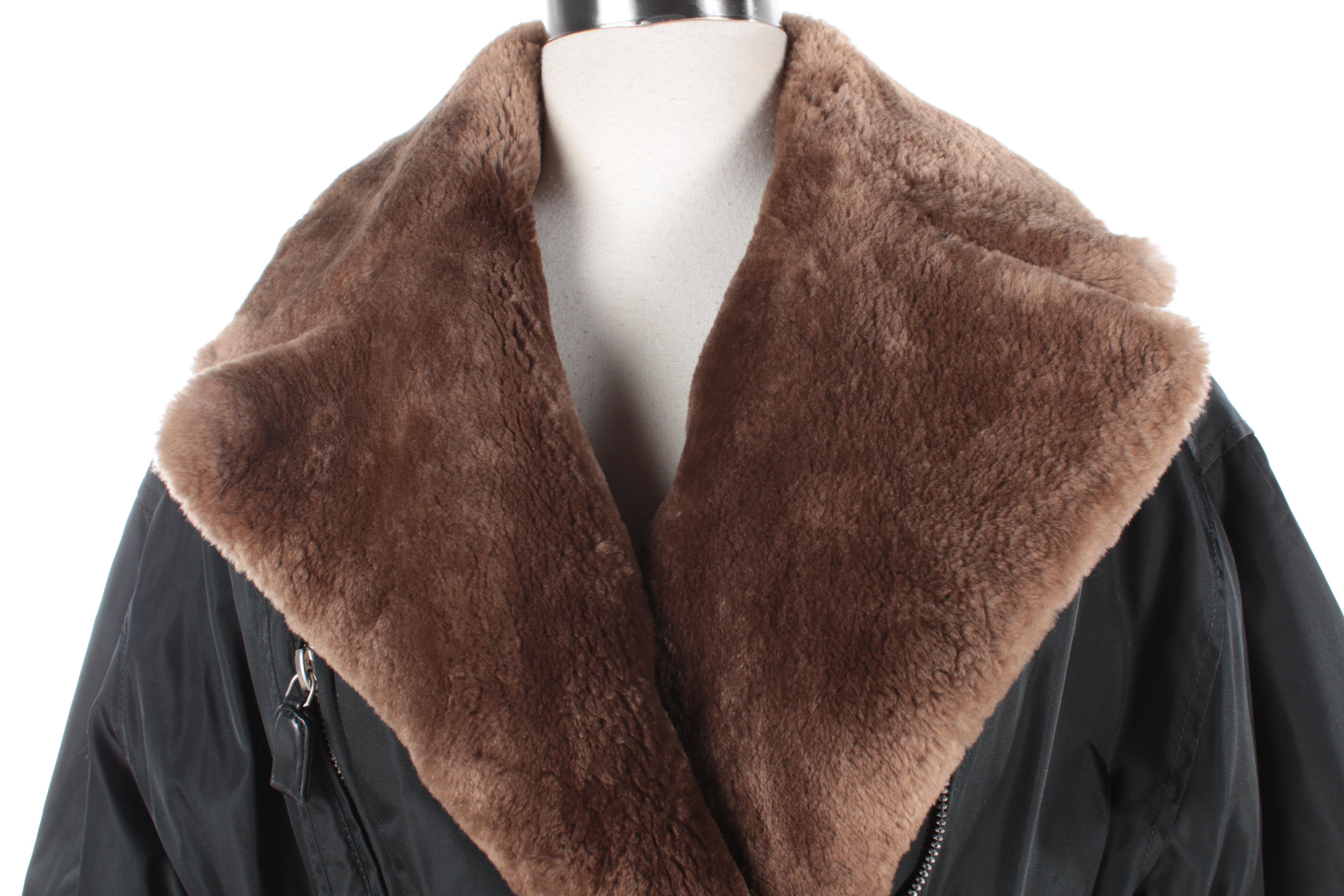 Women's Prada Milano Black Nylon Coat with Sheared Beaver Fur Collar