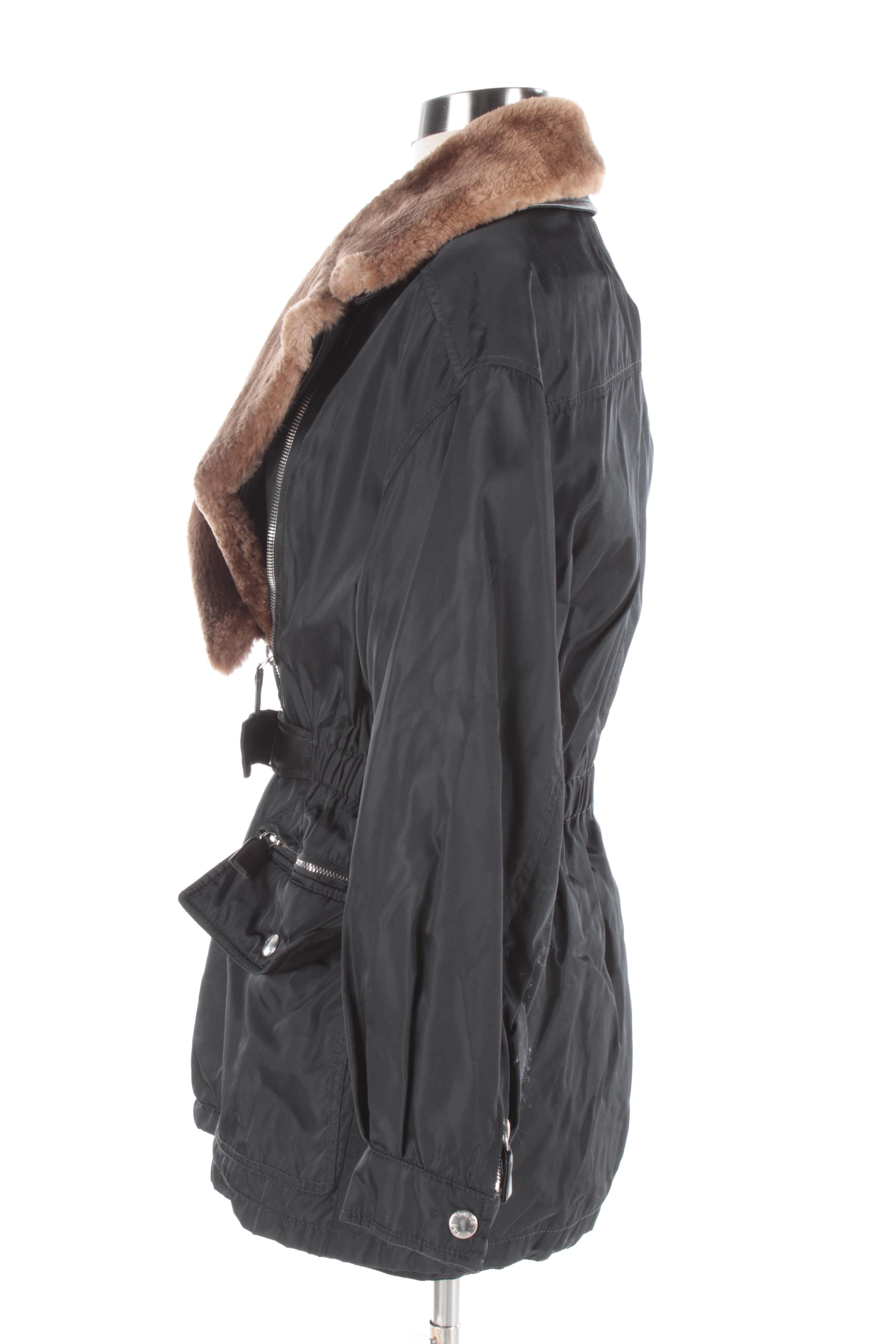 Women's Prada Milano Black Nylon Coat with Sheared Beaver Fur Collar