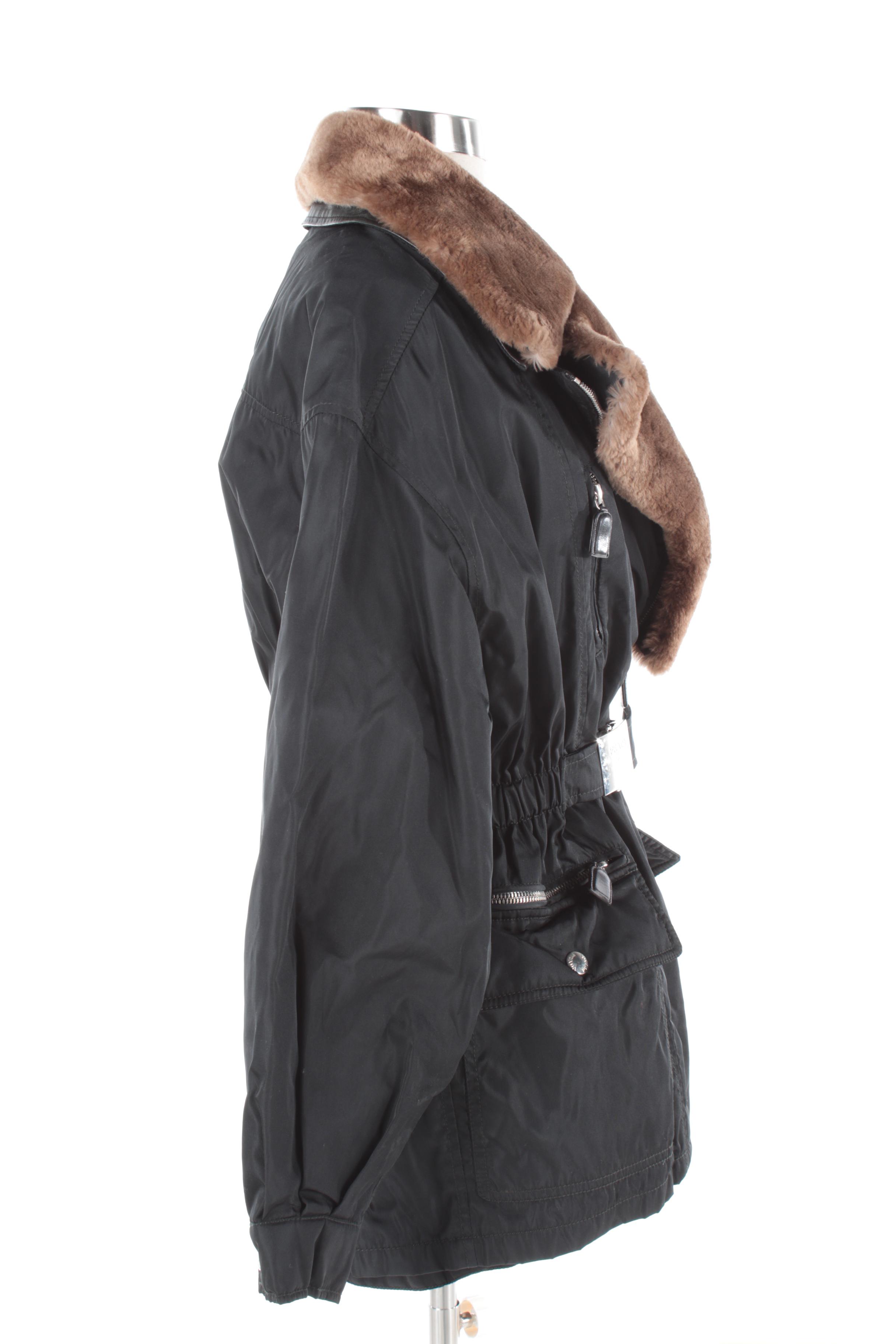 Women's Prada Milano Black Nylon Coat with Sheared Beaver Fur Collar