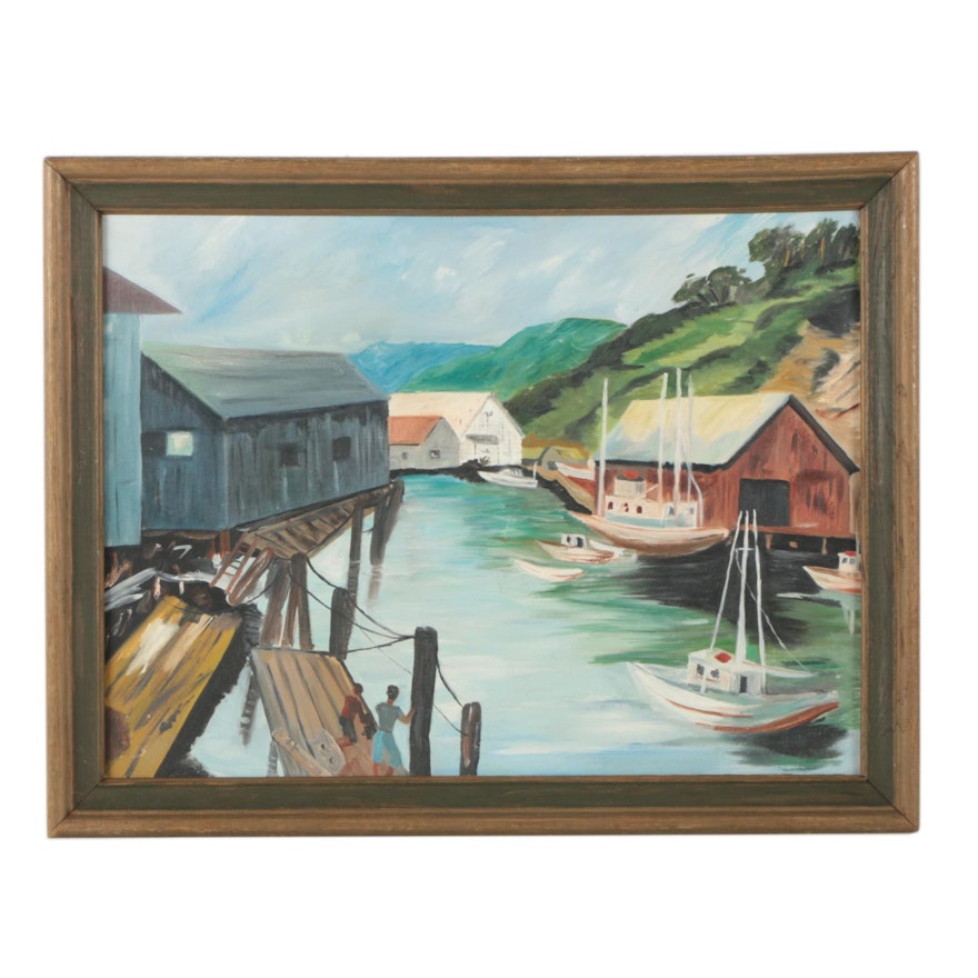 Oil Painting of Boats and Dock Buildings