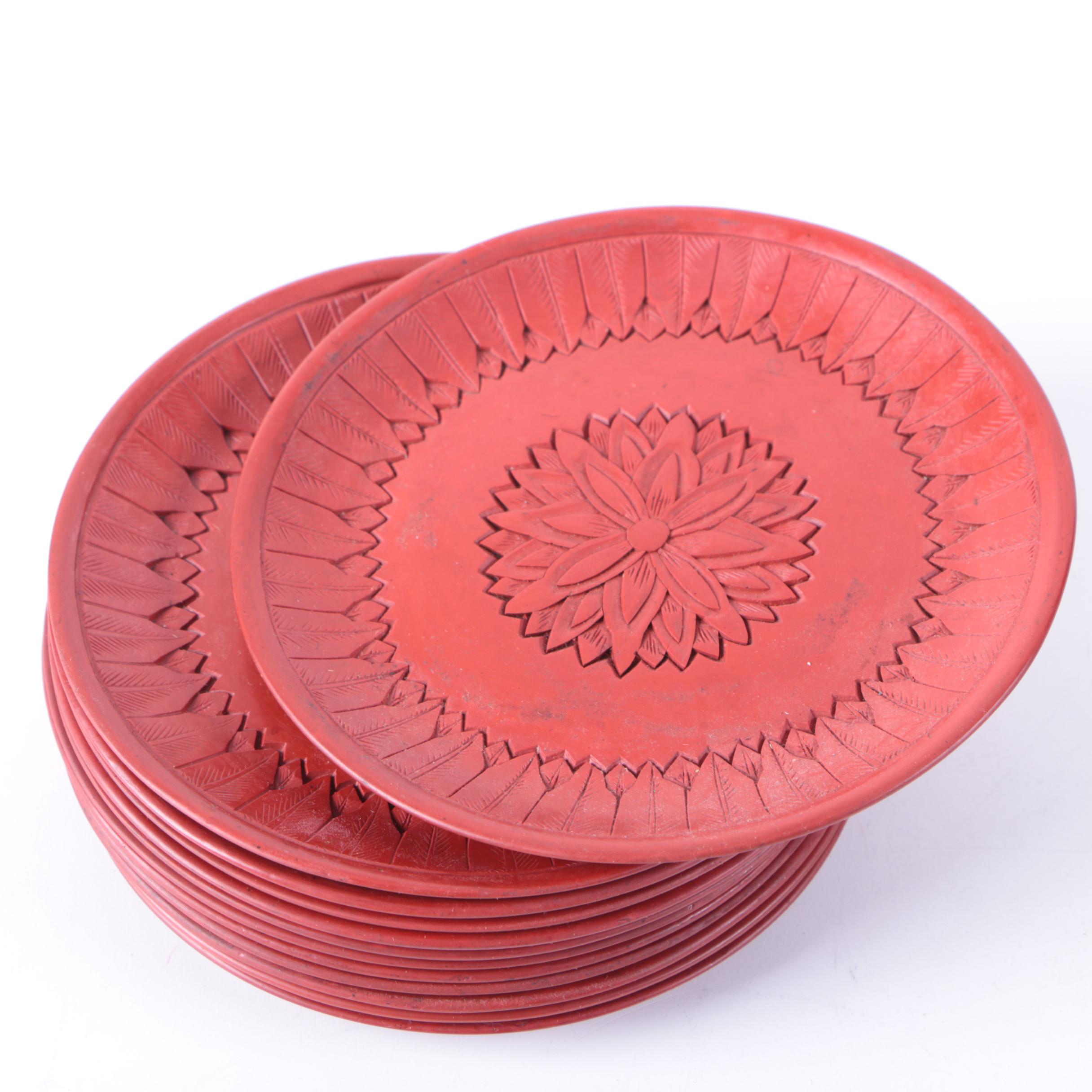 Carved Red Resin Floral "Coromandel" Medallion Plates