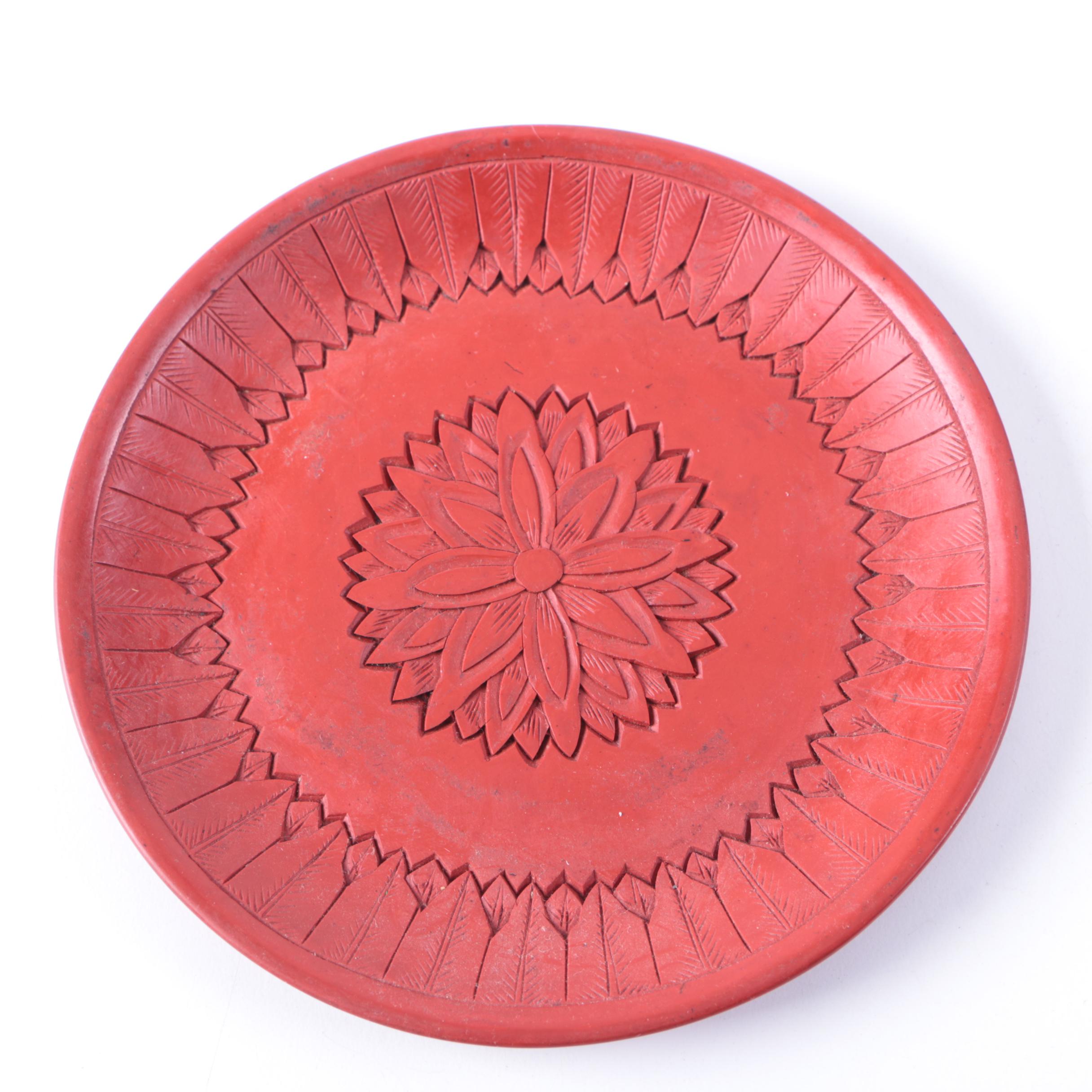 Carved Red Resin Floral "Coromandel" Medallion Plates