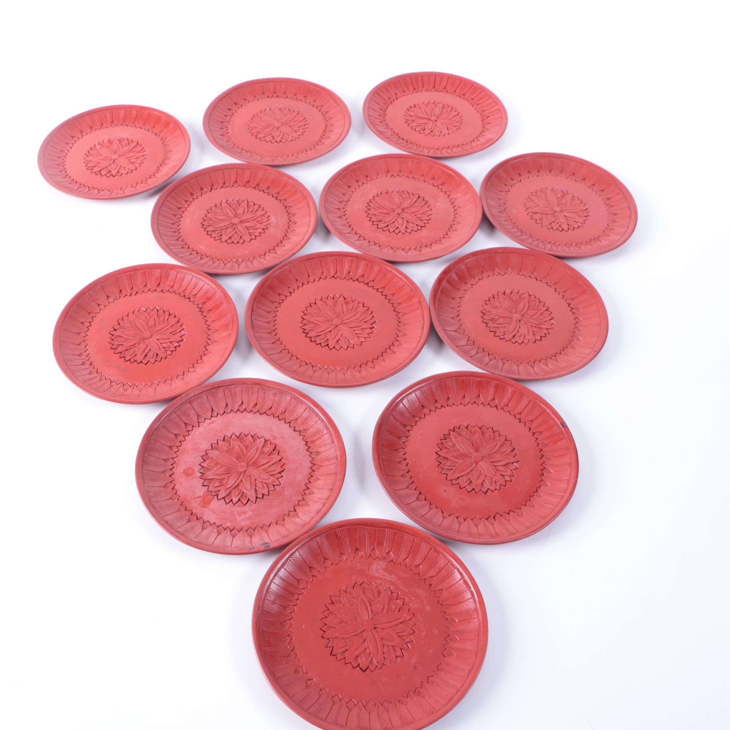 Carved Red Resin Floral "Coromandel" Medallion Plates