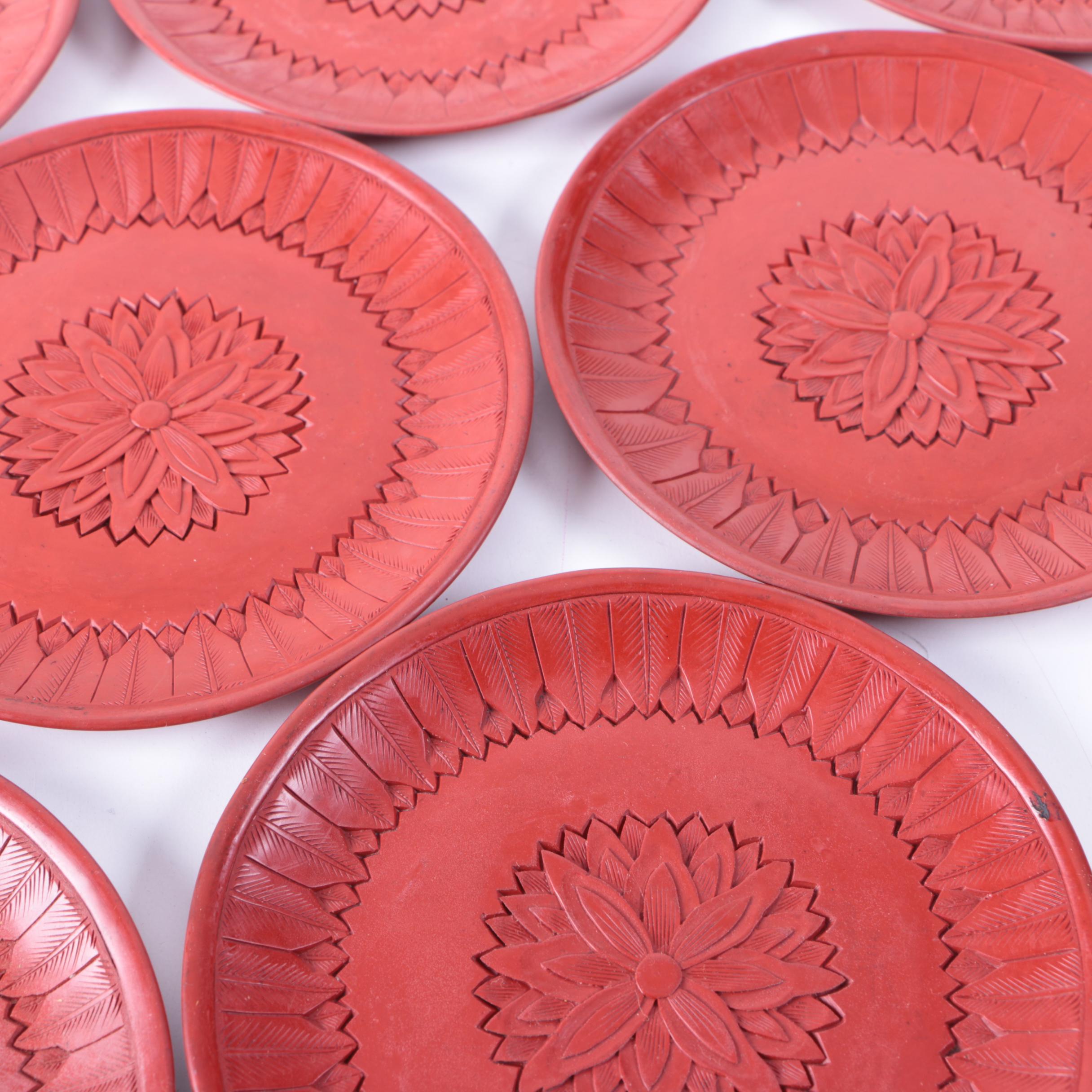Carved Red Resin Floral "Coromandel" Medallion Plates
