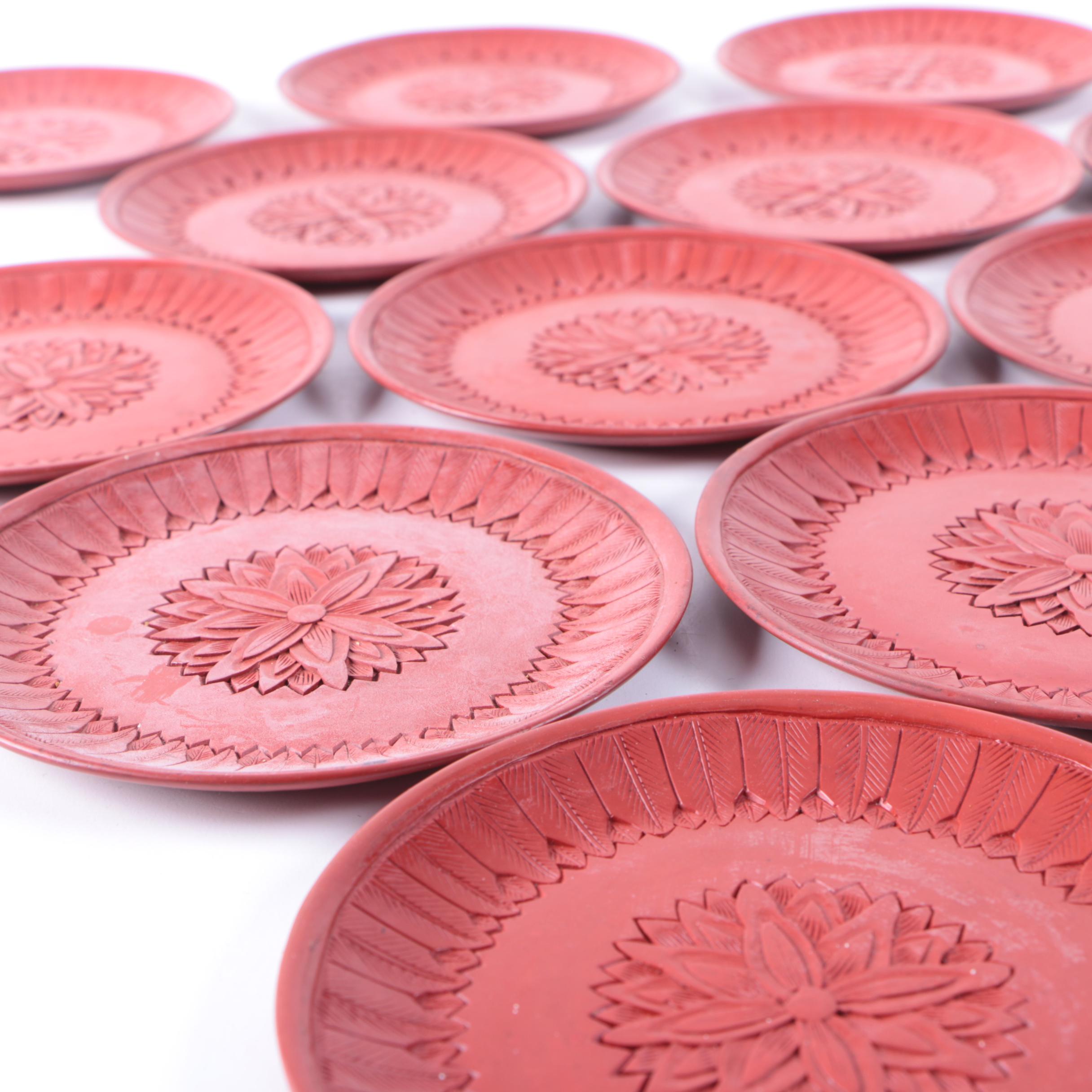 Carved Red Resin Floral "Coromandel" Medallion Plates