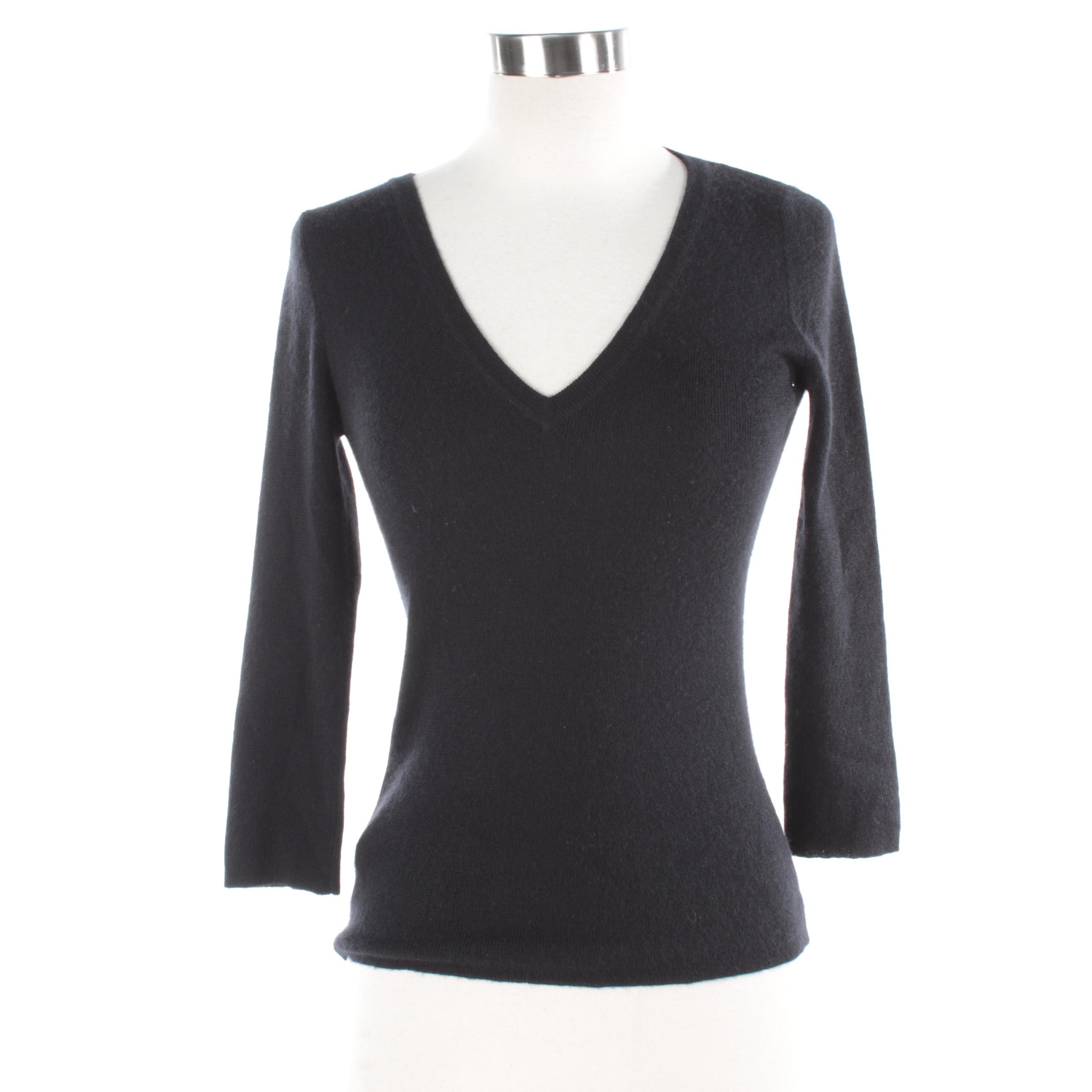 Women's Prada Black Cashmere and Silk Blend V-Neck Sweater