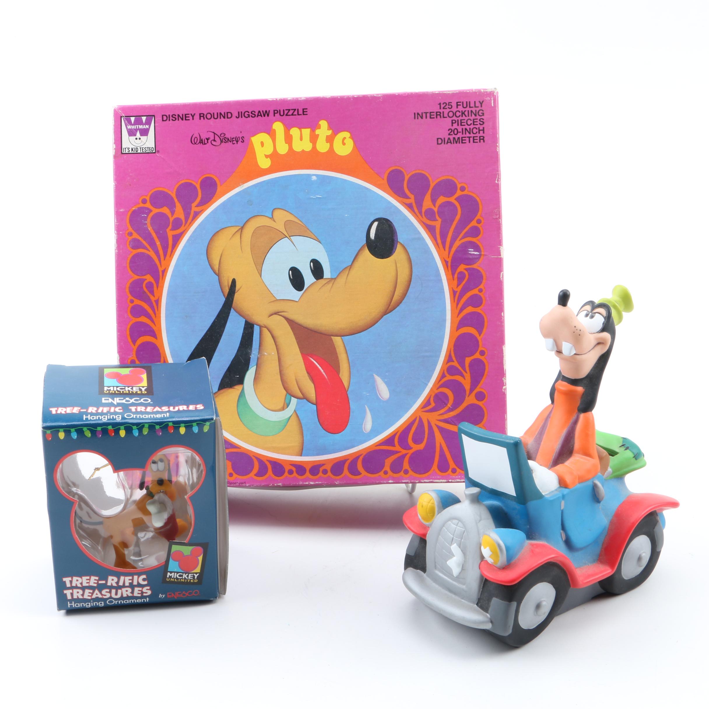 Disney's "Pluto" Jigsaw Puzzle, "Pluto" Ornament, and "Goofy" Coin Bank