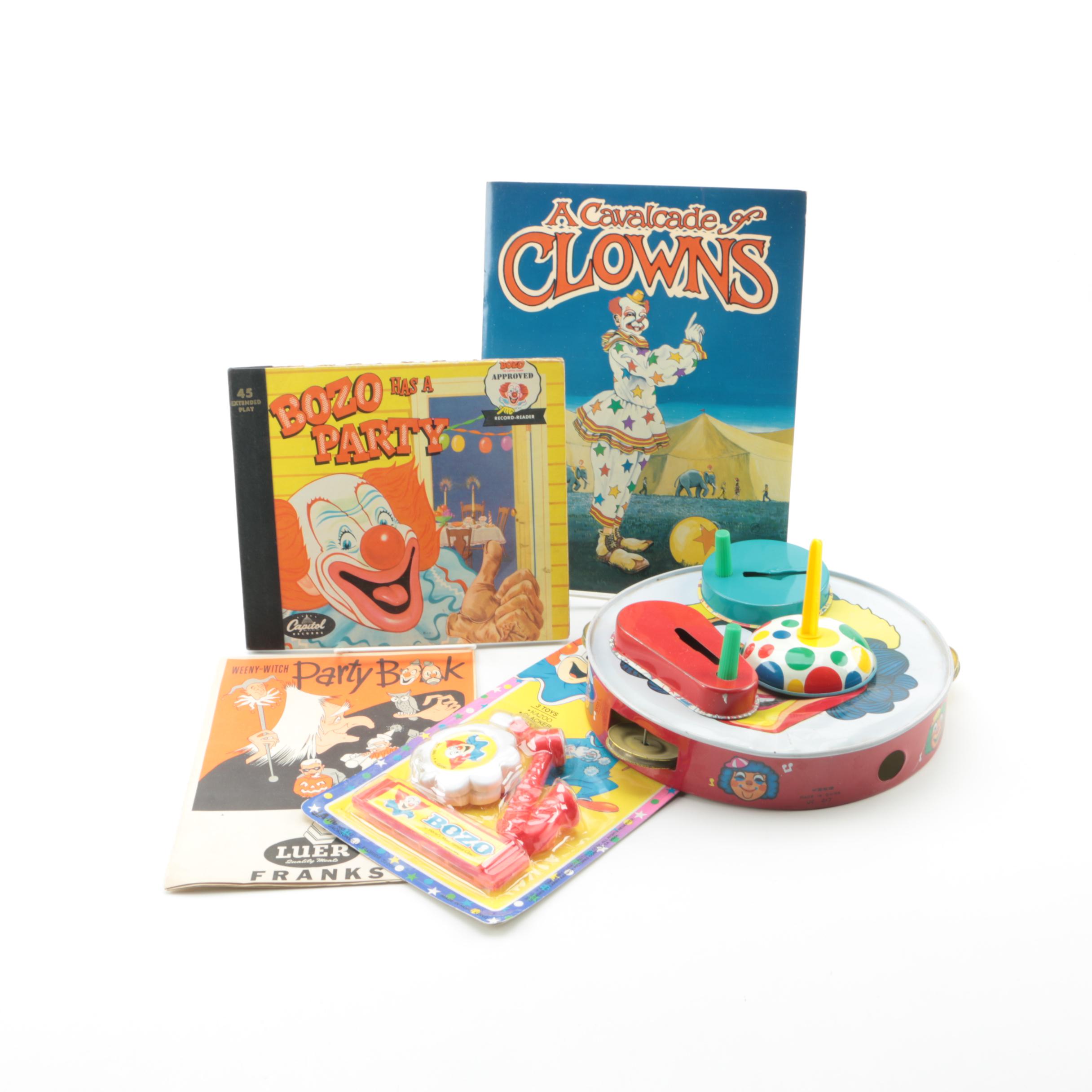 Clown Themed Books, Tamborine and Noise Makers With "Bozo" 45 rpm Record
