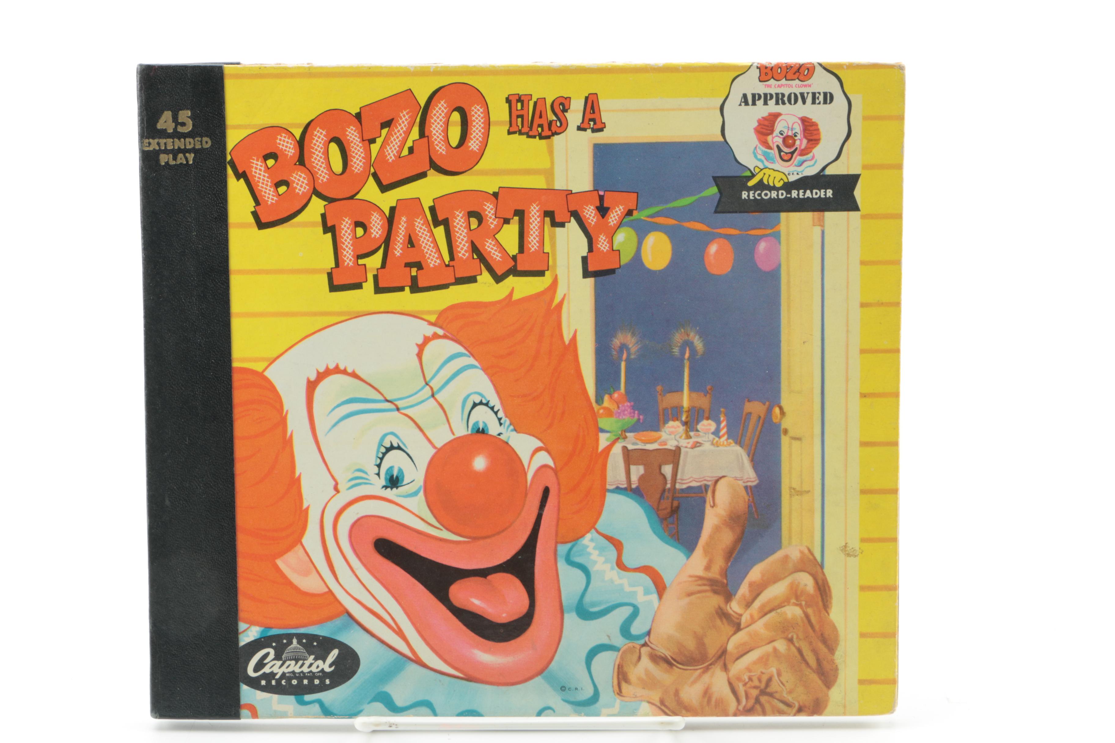 Clown Themed Books, Tamborine and Noise Makers With "Bozo" 45 rpm Record