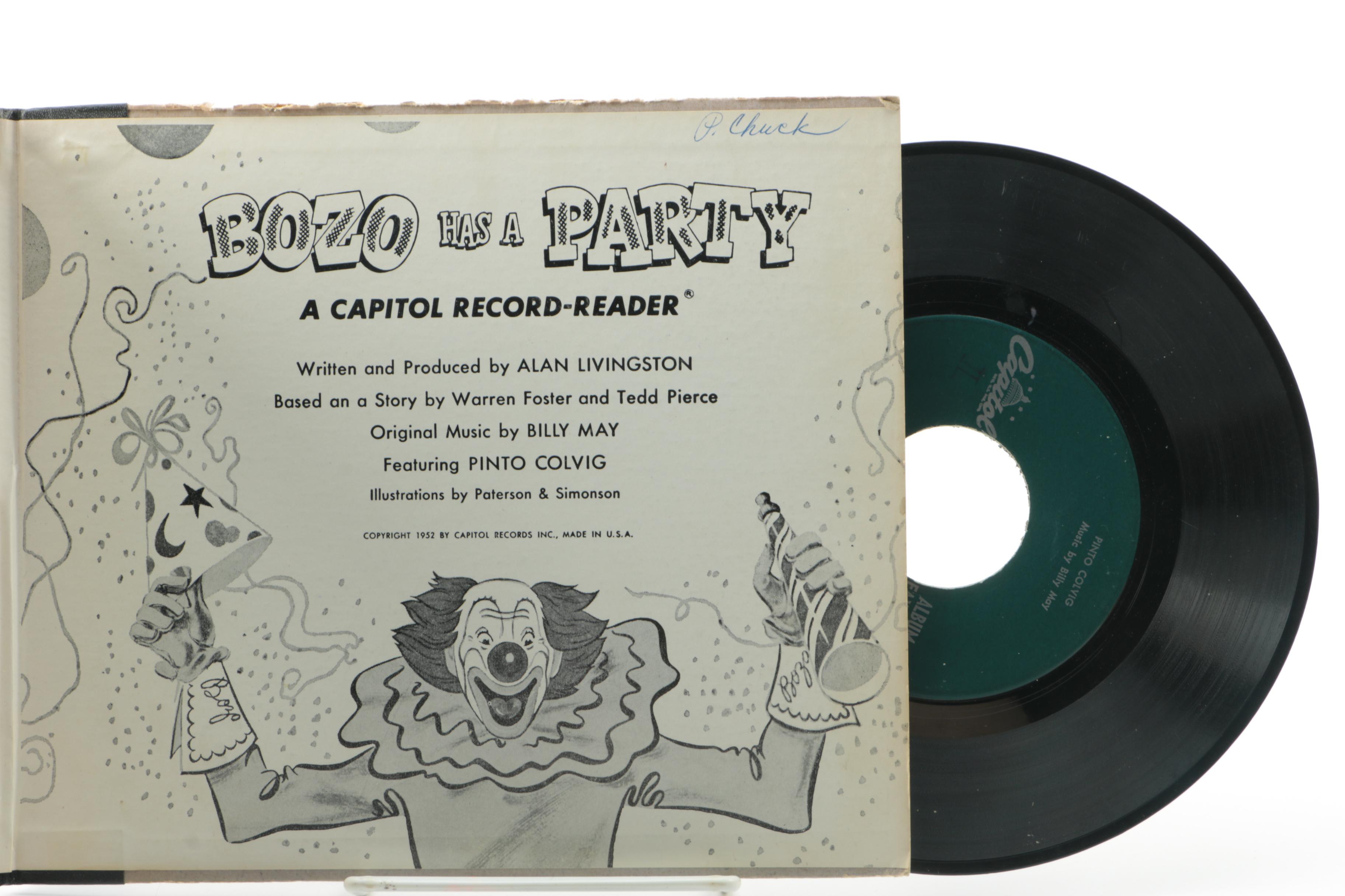 Clown Themed Books, Tamborine and Noise Makers With "Bozo" 45 rpm Record