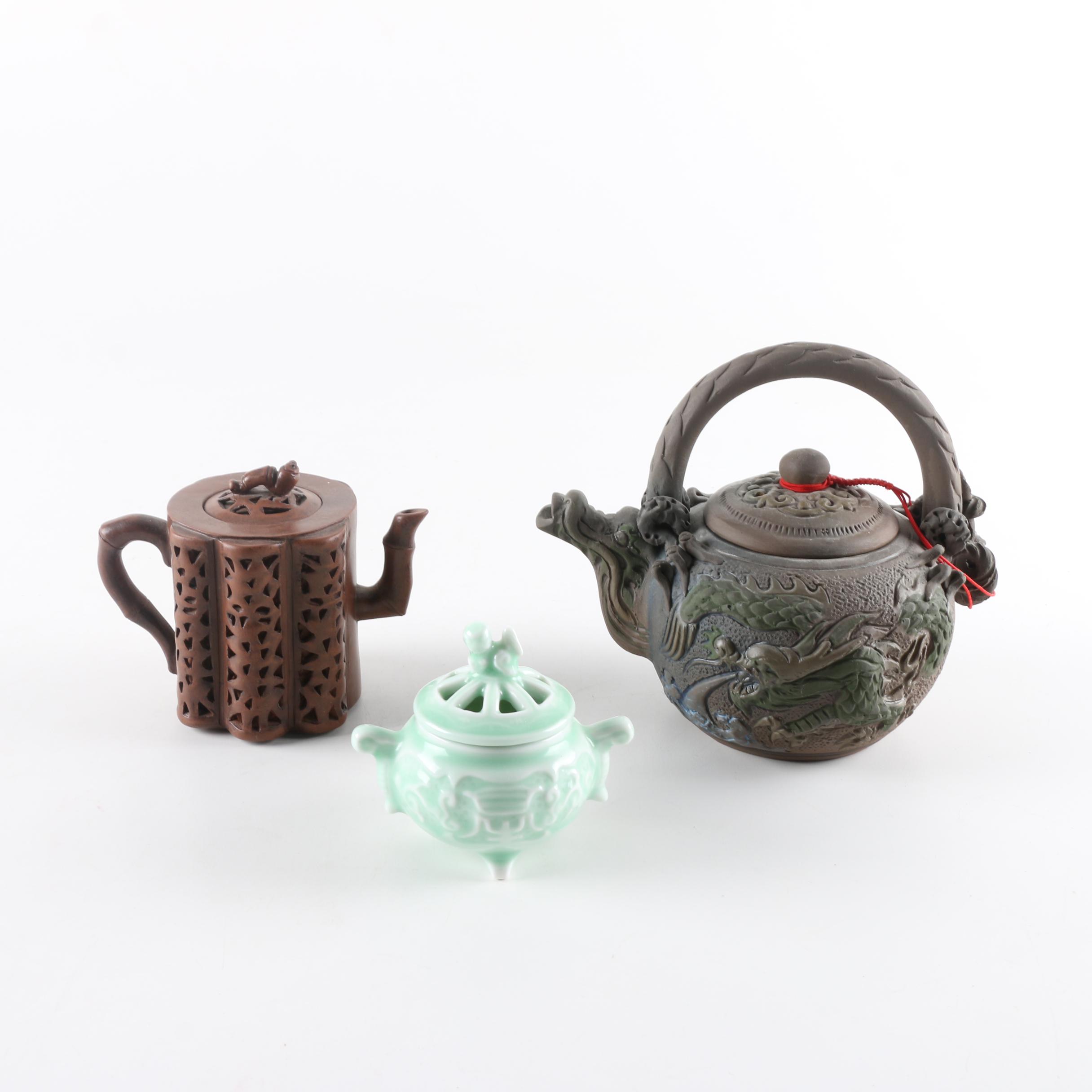 East Asian Ceramic Teapots and Incense Burner