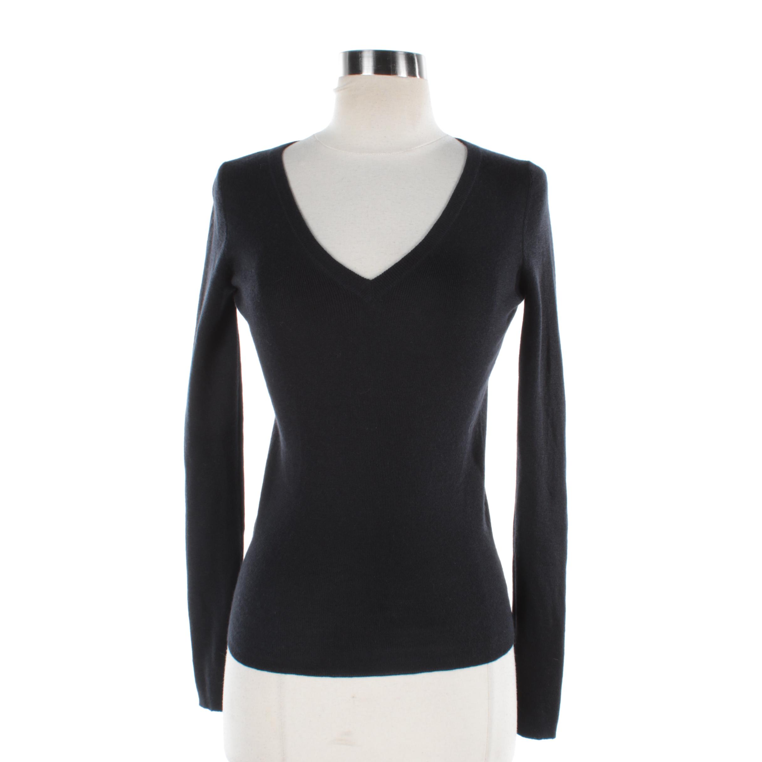 Women's Prada Black Cashmere and Silk Blend V-Neck Sweater