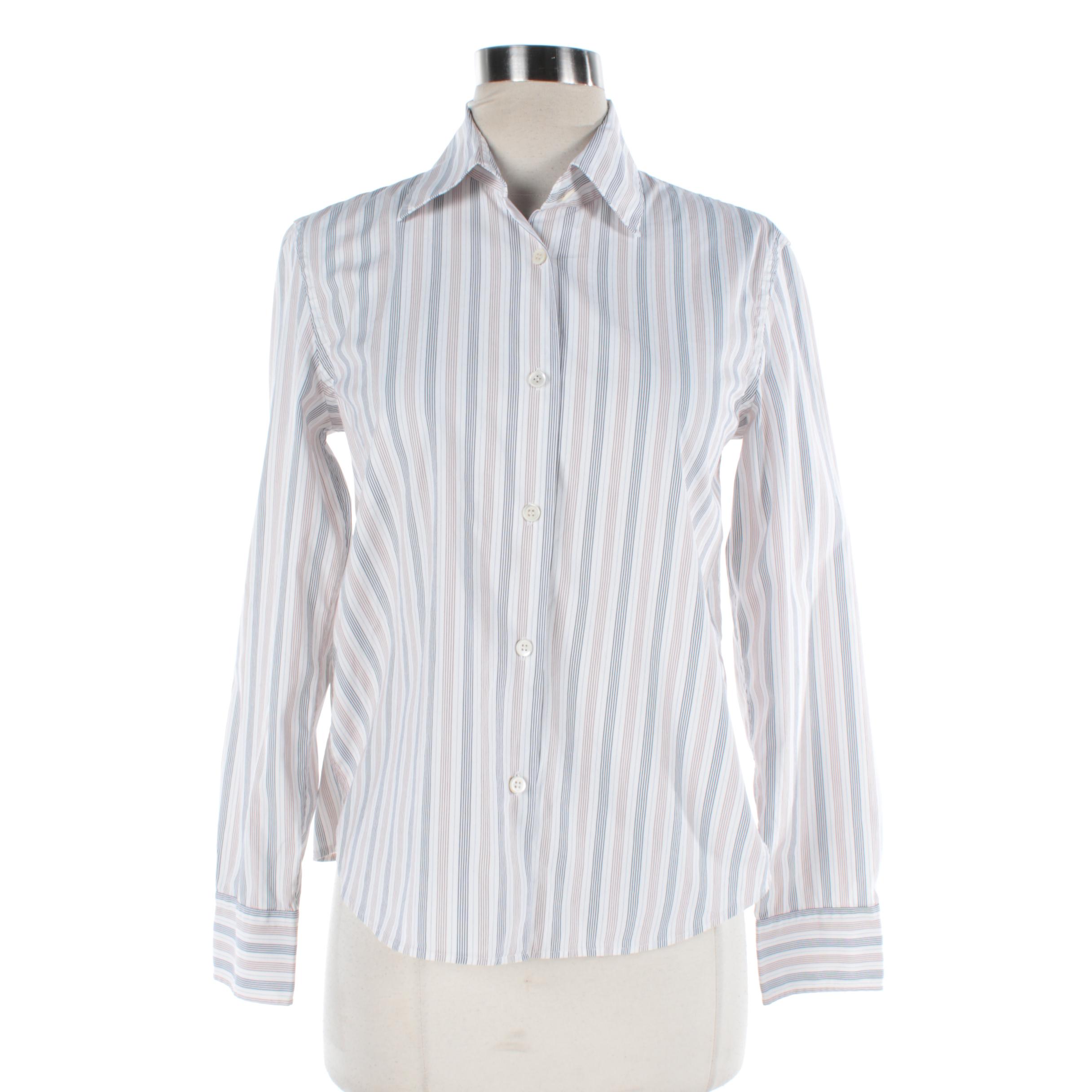 Women's Prada White, Beige and Navy Striped Button-Front Shirt