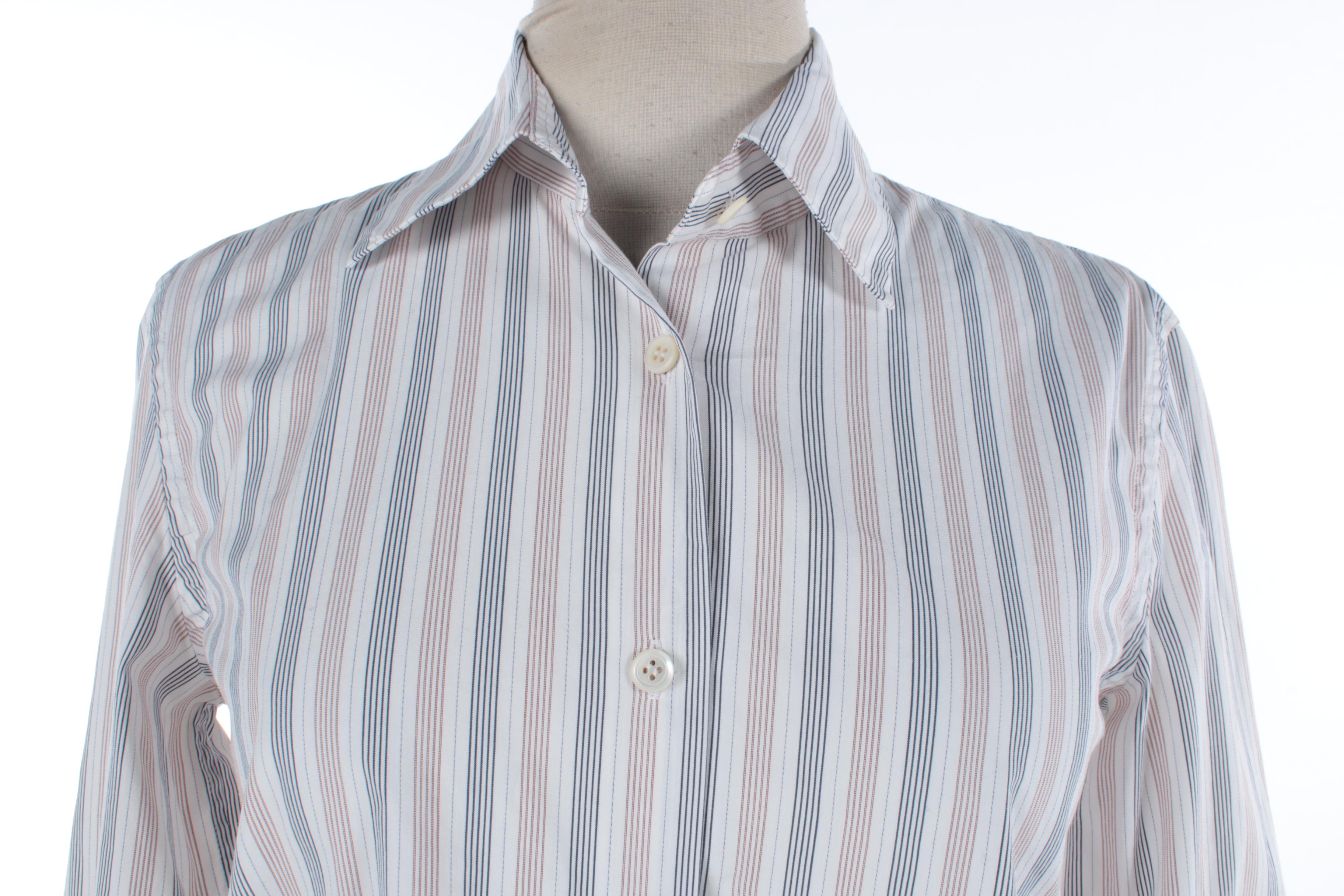 Women's Prada White, Beige and Navy Striped Button-Front Shirt