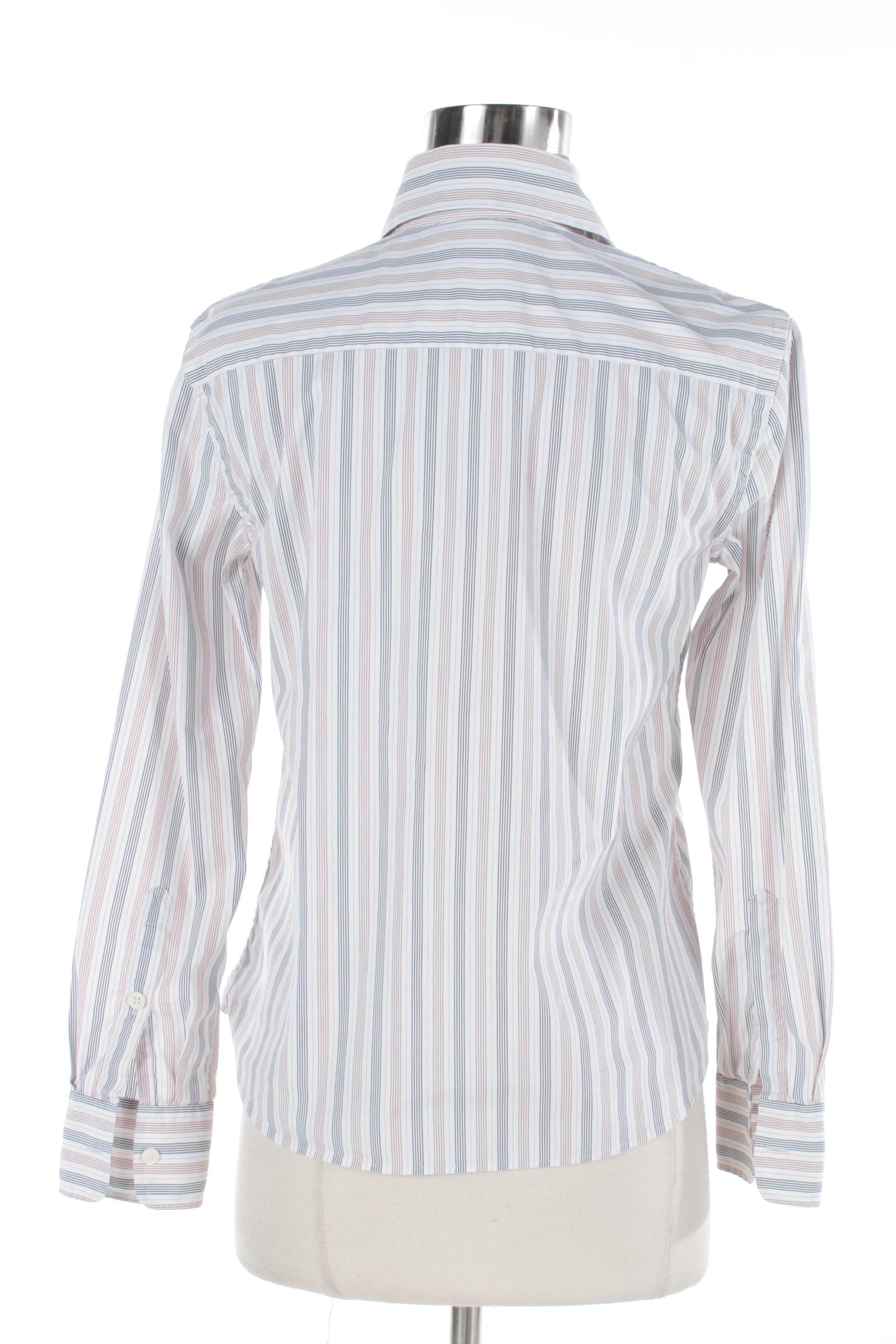 Women's Prada White, Beige and Navy Striped Button-Front Shirt